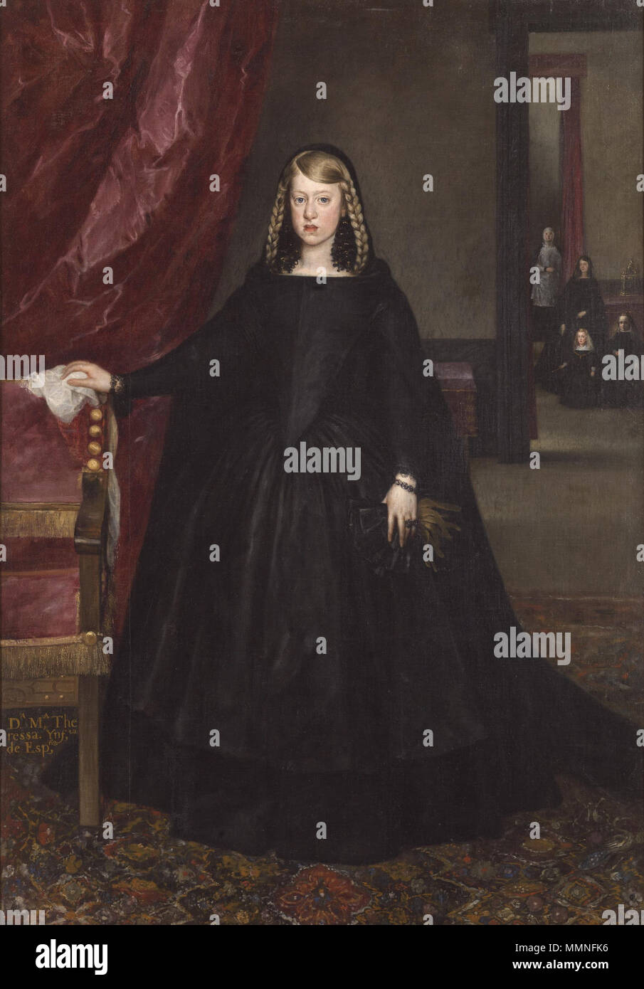 .  English: The sitter is Margaret of Spain, first wife of Leopold I, Holy Roman Emperor, wearing mourning dress for her father, Philip IV of Spain, with children and attendants in mourning dress.  Spanish: La emperatriz Margarita de Austria The Empress Doña Margarita de Austria in Mourning Dress. 1666. 1651 Margarita1 Stock Photo
