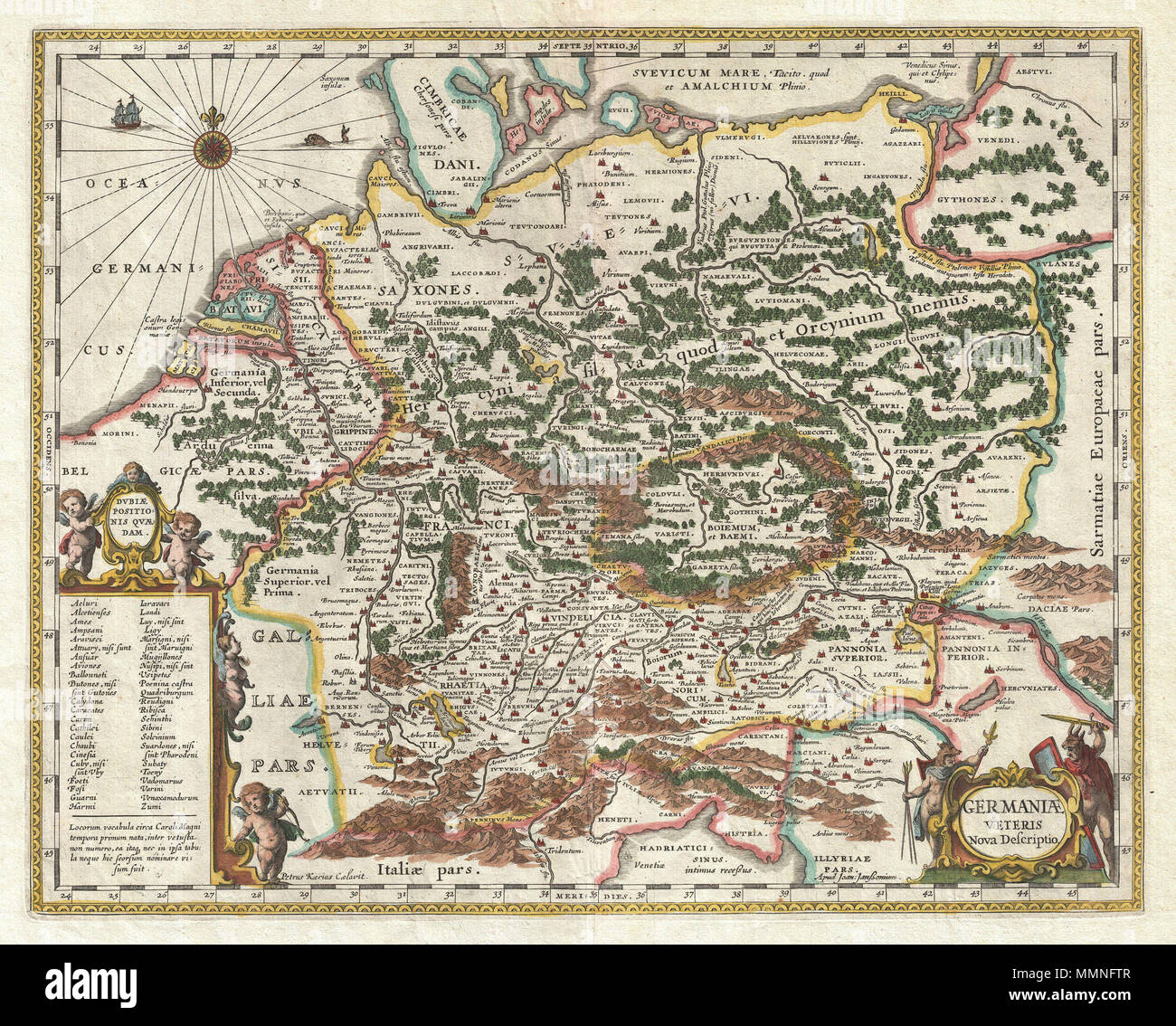 .  English: This is a remarkable example of Jan Jansson's 1657 mapping of Germany in antiquity. Depicts a richly forested region covering from Gaul to Dacia and from the Baltic Sea to the Adriatic Sea. Cartographically this map exhibits heavy influence from a very similar map of the same name published by A. Ortelius in his 1597 Parergon . Based on Greek and Roman sources including Pliny, Strabo, Virgil, Ceasar, and others. Ships and monsters decorate the seas. A decorative title cartouche depicting curious warlike figures in animal skins appears in the lower right quadrant. A second cartouche Stock Photo