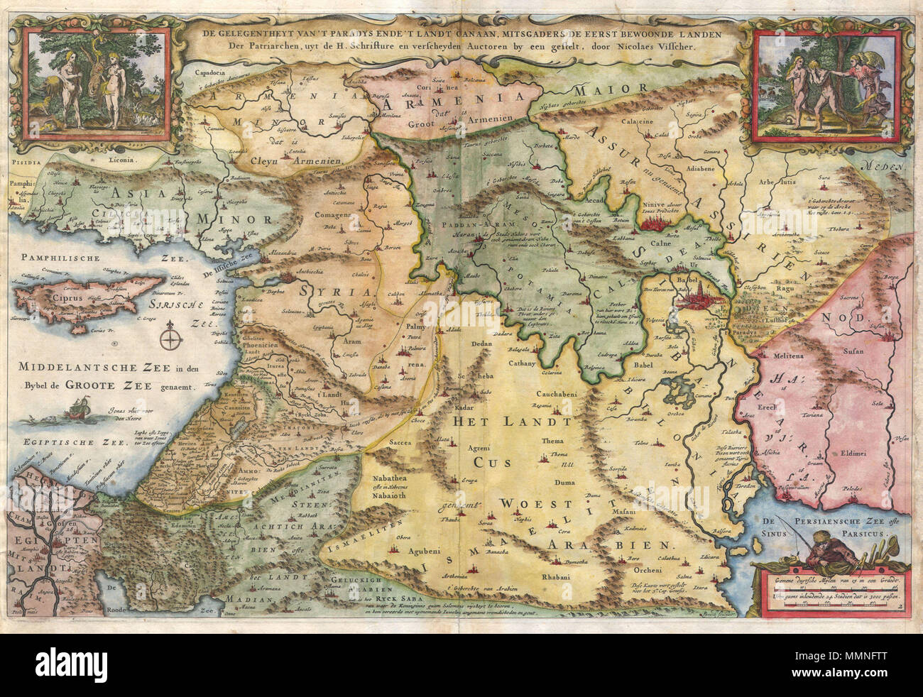 .  English: This is a splendid early example of Nicholas Visscher’s important 1657 map of the Holy Land, or as it is titled (in rough translation) “Paradise, or the Garden of Eden. With the Countries circumjacent Inhabited by the Patriarchs. Covers the region between the Mediterranean and the Persian Gulf (including the modern day regions of Israel, Palestine, Jordan Syria, Turkey & Iraq), and features a prominent the Garden of Eden located near the city of Babel ( Babylon ). The beautiful strapwork title along the top of the map is flanked on either side by cartouche scenes from Eden. In the  Stock Photo