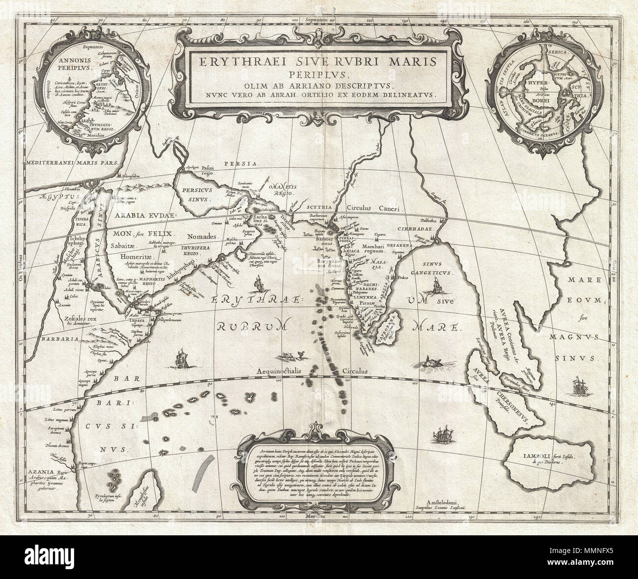 .  English: An unusual and attractive 1658 map of the Indian Ocean, or Erythraean Sea, as it was in antiquity. Composed by Jan Jansson after a similar 1597 map published by A. Ortelius in his Parergon . Covers from Egypt and the Nile valley eastward past Arabia and India, to Southeast Asia and Java. Cartographically, India, Arabia, and Africa roughly correspond to the conventions of the period. Southeast Asia is less recognizable, but the Malay Peninsula, Sumatra, and Java are clearly noted. Most of the place names used throughout are derived from Ptolemy, who himself based his description of  Stock Photo