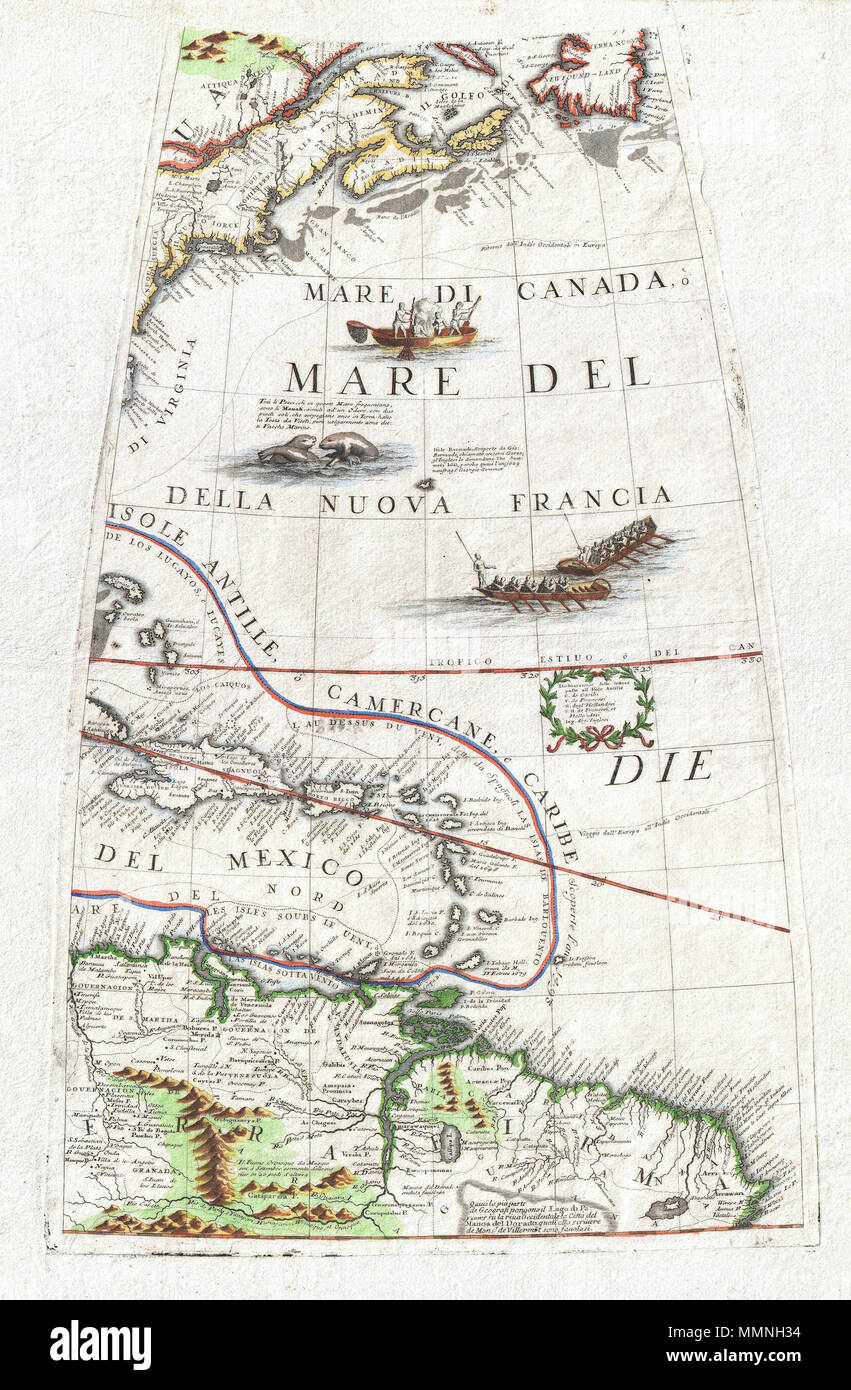 .  English: A fine example of Vincenzo Coronelli’s extremely rare 1688 globe gore of Eastern America. Covers from Newfoundland south along the New England and Virginia coastlines to the Bahamas (Gigante) and the West Indies, showing parts of Cuba and all of Hispaniola, Porto Rico and the Lesser Antilles, as well as the northern parts of South America from modern day Venezuela to the Orinoco Delta and the Guianas. As Royal Cartographer to King Louis XIV of France, Coronelli had access to the most recent cartographic records coming from the New World – particularly form the French occupied terri Stock Photo