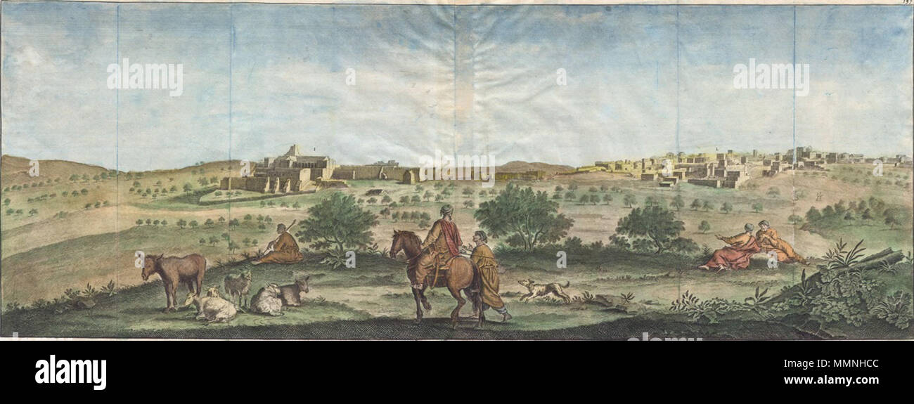 .  English: A rare 1698 view of Bethlehem by Dutch artist Cornelius de Bruijin. Depicts the city as well as the nearby herding grounds. Arab horsemen, loungers, and a hunting dog roam in the foreground. This view was most likely rendered in secret during de Bruijin’s second world tour. The Holy Land was then under the control of the Ottoman Empire who imposed strict limitations on pilgrims and tourist from Europe. It is highly unlikely that de Bruijin would have been allowed to make sketches of the region openly.  Bethlehem. 1698 (undated). 1698 de Bruijin View of Bethlehem, Palestine (Israel, Stock Photo