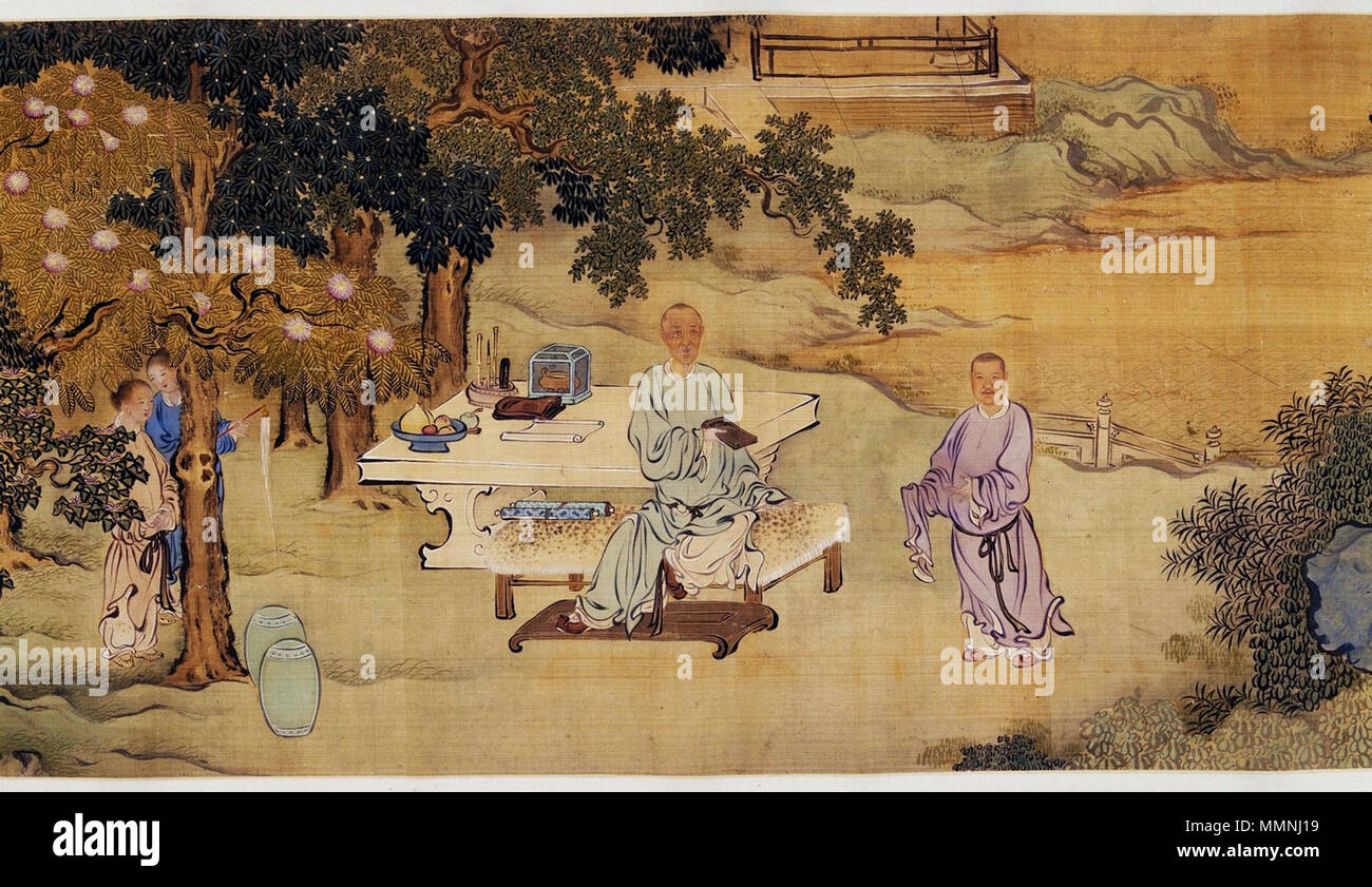 Handing over the Inkstone by the Western Pond.. 1710. Yu Zhiding Handing over the Inkstone by the Western Pond Stock Photo