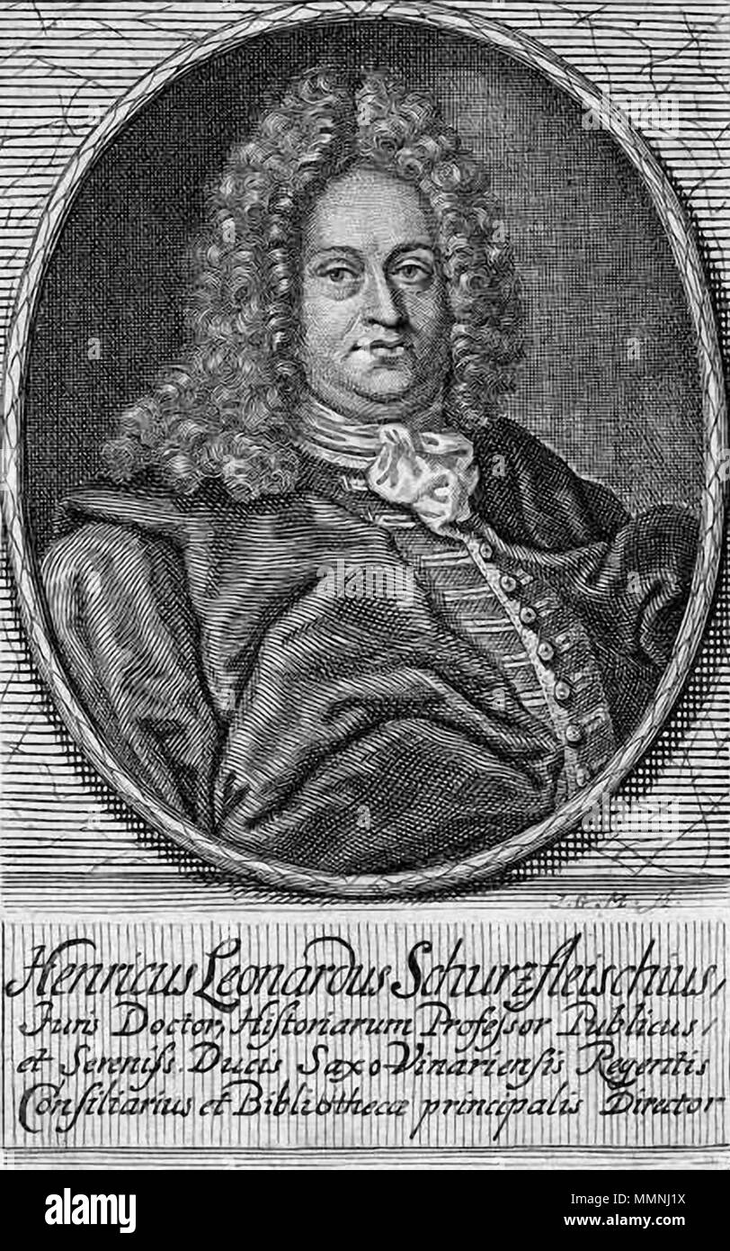 .  English: Heinrich Leonhard Schurzfleisch (1664-1722) german Jurist, Historian and Librarian Deutsch: Heinrich Leonhard Schurzfleisch (1664-1722) deutscher Jurist, Historiker und Bibliothekar. Stich nach Gemälde  . circa 1710. Heinrich-Leonhard-Schurzfle Stock Photo