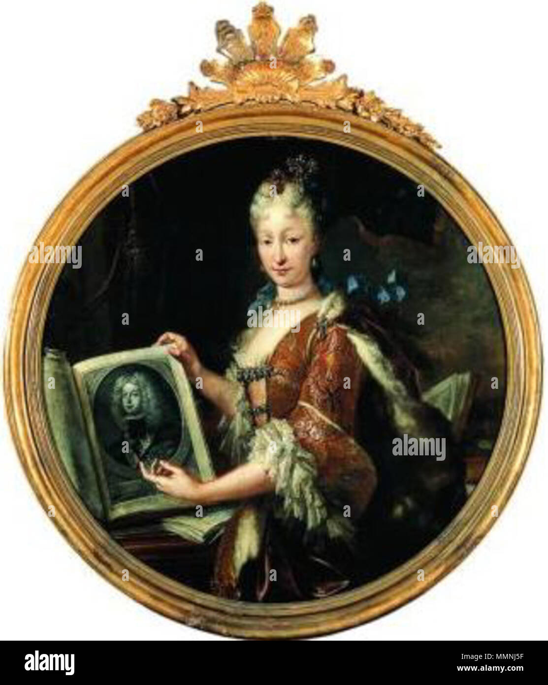 Oval portrait of Elisabeth Farnese with a picture of her husband by Miguel Jacinto Meléndez Stock Photo