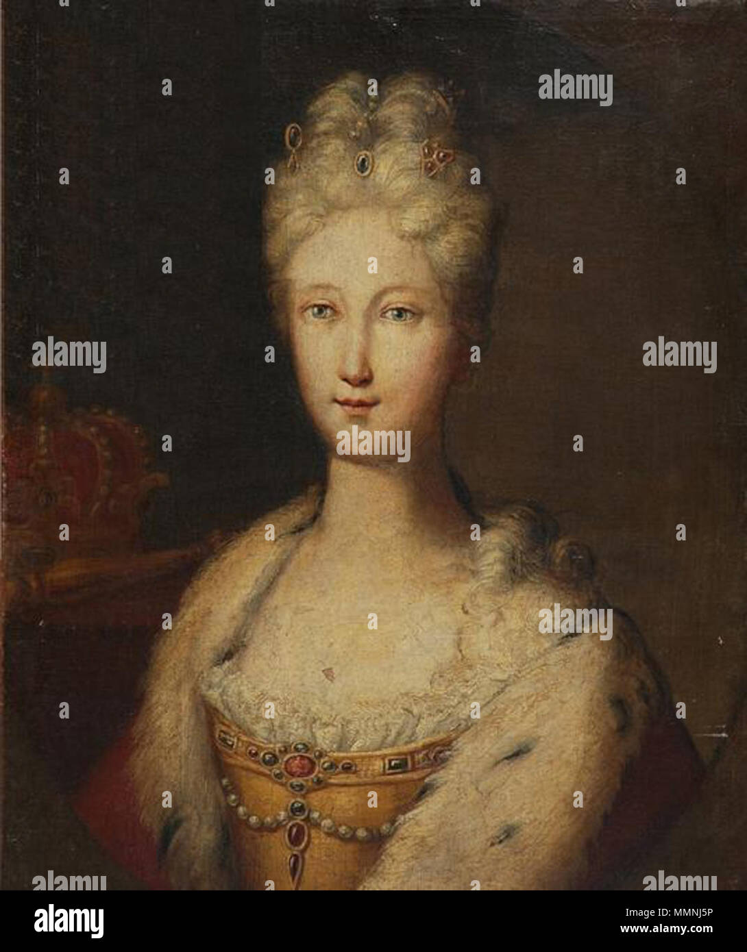 . Queen Elisabeth Farnese of Spain with the Spanish royal crown in the background  . circa 1715. Queen Elisabeth Farnese of Spain with the Spanish royal crown in the background by an unknown artist Stock Photo