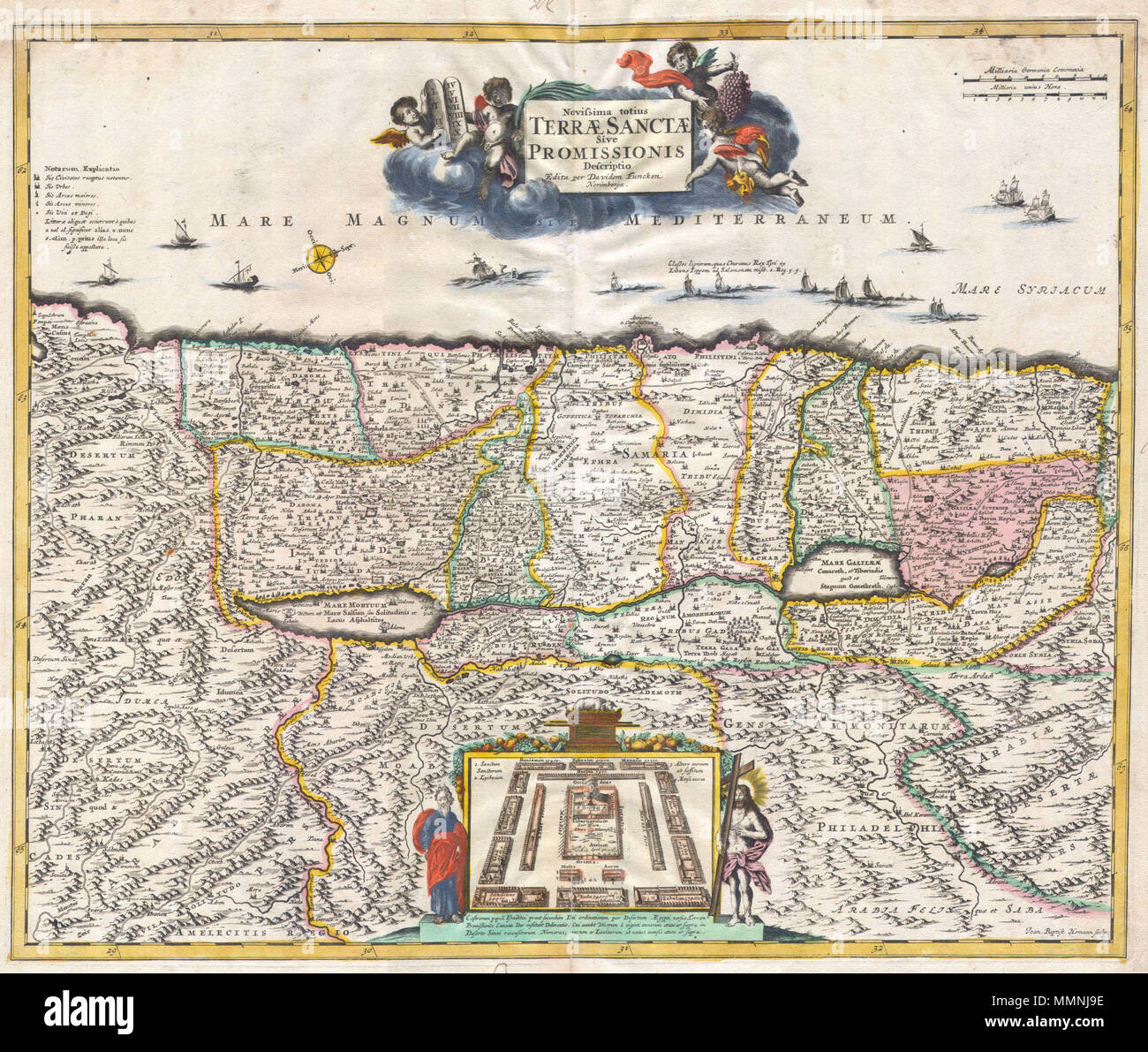 .  English: An altogether stunning map of the Israel, Palestine, or the Holy Land. Issued in 1720 by David Funck of Nuremburg and geographically based upon Visscher’s Map of 1659 and De Wit’s Map of 1670. The shoreline runs from Sidon to Egypt along an East – West orientation. Divided according to the Tribes of Israel on both side of the River Jordan. Bottom center features a plan of the Temple of Solomon with the Ark of the Covenant featuring prominently. Moses and Jesus stand to either side of the plan. Title cartouche appears at the top of the map and features four cherubs, one of which hol Stock Photo