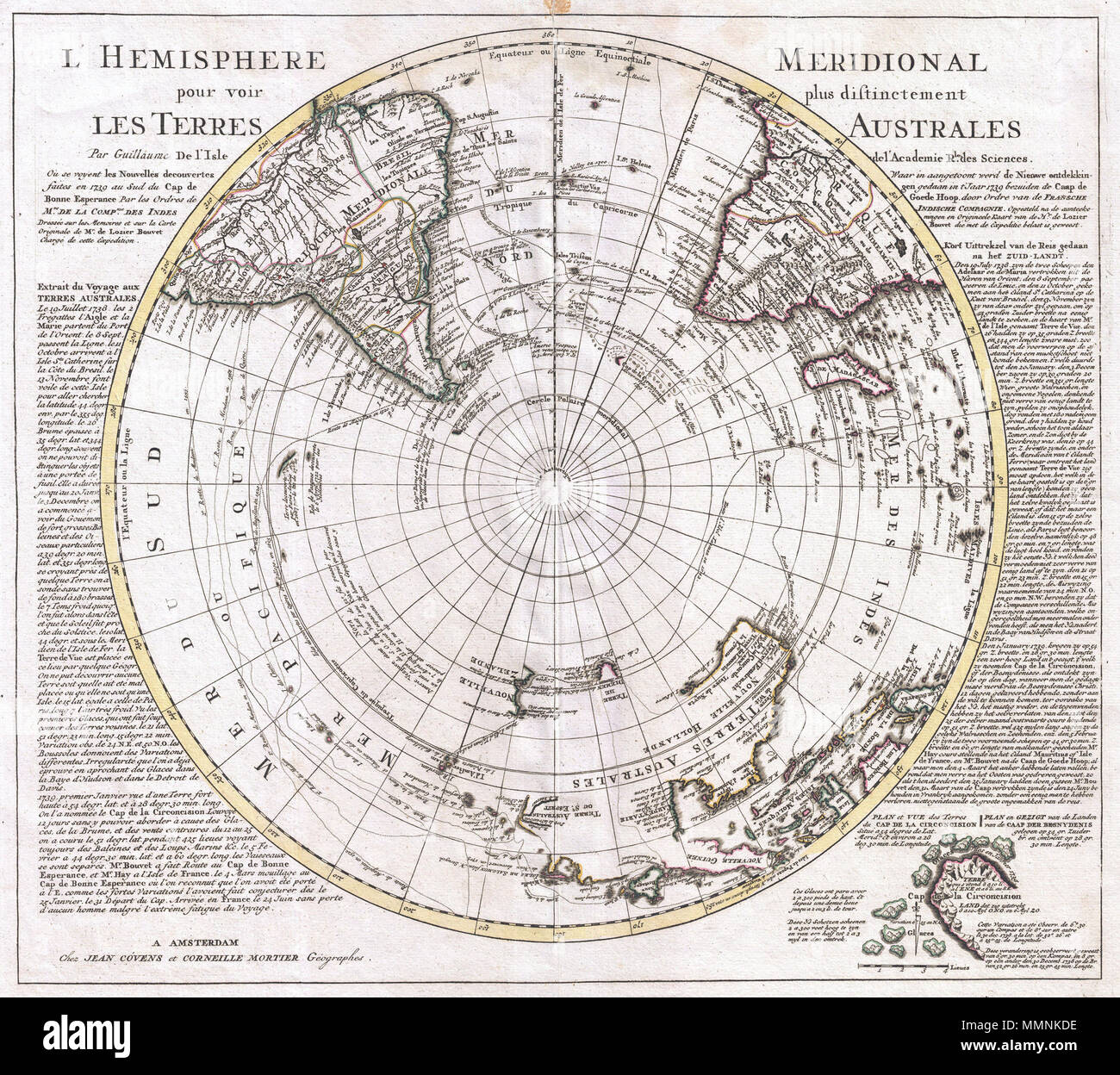 .  English: This is a stunning map of the Southern Hemisphere originally drawn by Guillaume de L'Isle and updated in 1739 by Covens and Mortier. Extends from the South Pole northwards in all directions as far as the Equator, encompassing in the process most of South America, southern Africa, Australia, and parts of the East Indies including Borneo, New Guinea, Java and Sumatra. Details the routes taken by numerous explorers including Magellan, Vespucci, Mendana, Dampier, L'Aigle, S. Louis, Halley, Quiros, Maire, Tasman, Davis and others. Many of the updates to this map over earlier versions fo Stock Photo