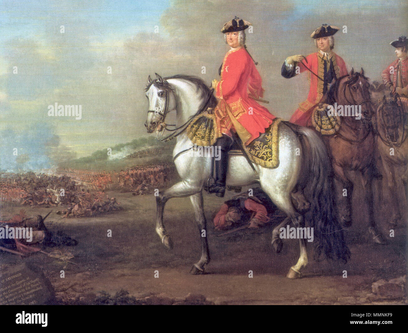 King George II at the Battle of Dettingen, with the Duke of Cumberland and Robert, 4th Earl of Holderness, 27 June 1743 Deutsch: Georg II. von Großbritannienin in der Schlacht von Dettingen GeorgeIIWootton1743 Stock Photo