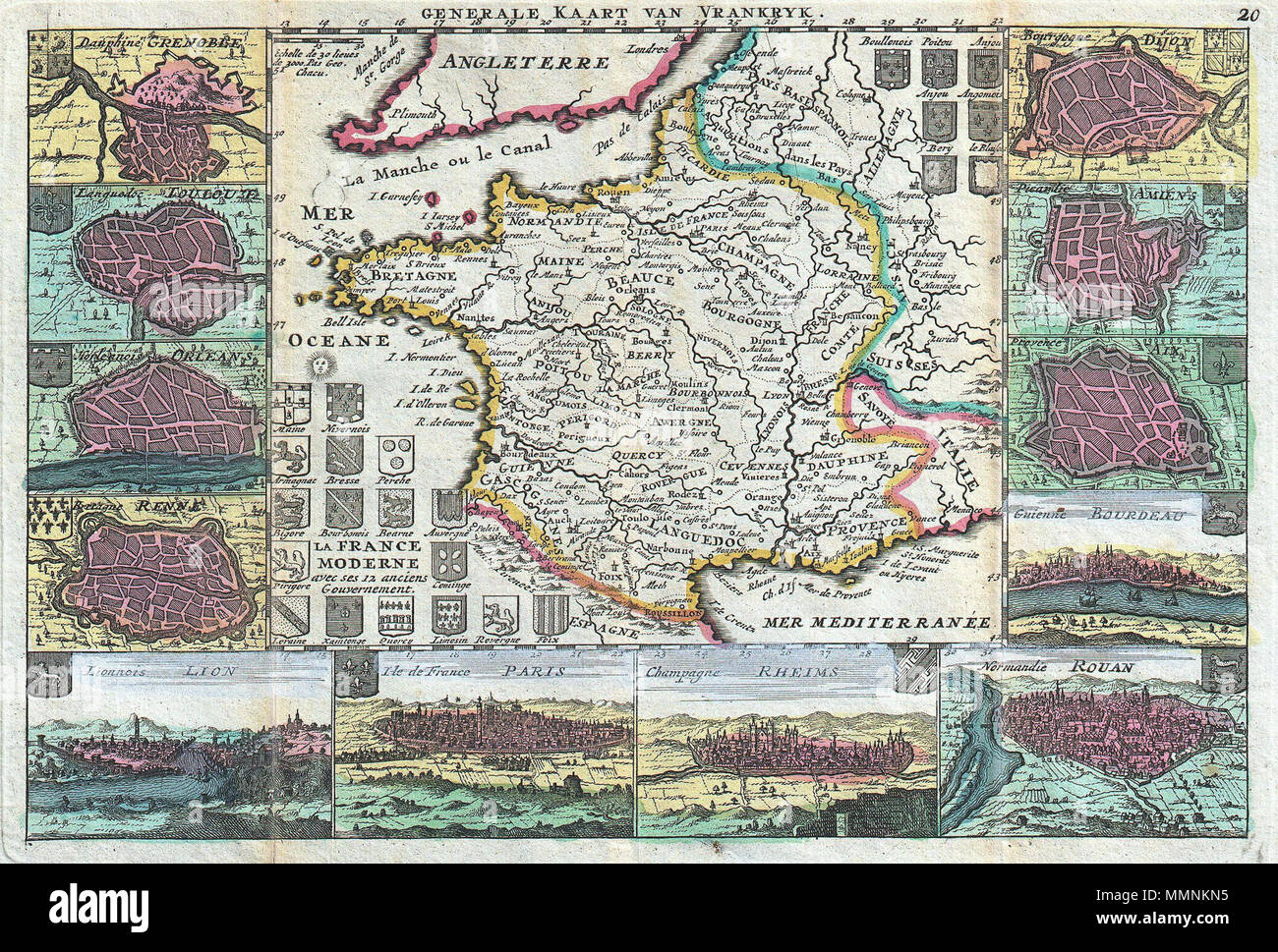 .  English: A stunning map of France first drawn by Daniel de la Feuille in 1706. Depicts all of France as well as parts of Italy, England, Spain, Switzerland, Belgium and Germany. Flanked on either side and along the bottom by plans and views of important French cities. From top left these include: Grenoble, Loulouzf, Orleans, Renne (Rennes), Lion, Paris, Rheims, Rouan (Rouen), Bourdeau (Bordeaux), Aix, Amiens and Dijon. Title cartouche in the lower left quadrant surrounded by the armorial crests of seventeen important French regions. An additional seven crests appear in the upper right quadr Stock Photo