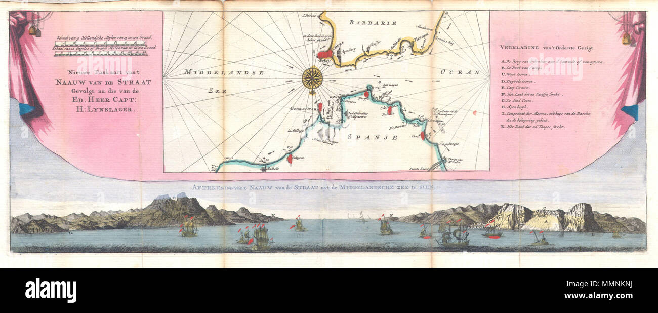 .  English: This is an extremely scarce 1747 map of the Straits of Gibraltar. Depicts the Strait with a southward orientation, Spain being on the bottom of the map and Morocco on the top. Details the Strait of Gibraltar, across to Ceuta on the Barbary coast, and extends to Marbelle and the Tangier. Decorative compass rose appears between Ceuta and Gibraltar. Set above a beautiful view of the strait showing the Rock of Gibraltar, the Barbary Coast and 16 sailing ships. Set within the frame of a decorative pink tapestry. Based upon the charts of Dutch navigator Hendrik Lynslager. Prepared by an  Stock Photo