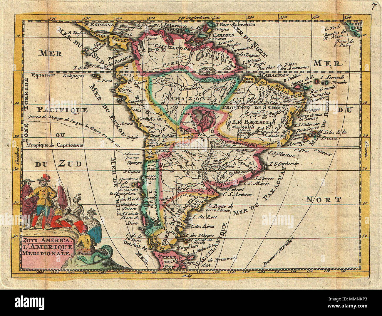 .  English: A stunning map of South America first drawn by Daniel de la Feuille in 1706. Continent is represented according to the 18th century political geography. Labels several important cities including Cusco, Quito, Lima, San Sebastian, and Cartagena. Shows two large imaginary lakes in the interior. Title cartouche in the lower left hand quadrant features stylized images of Native Americans offering gifts to Europeans while an enormous and eerily grinning serpent looks on. Title in both Dutch and French. This is Paul de la Feuille’s 1747 reissue of his father Daniel’s 1706 map. Prepared f Stock Photo