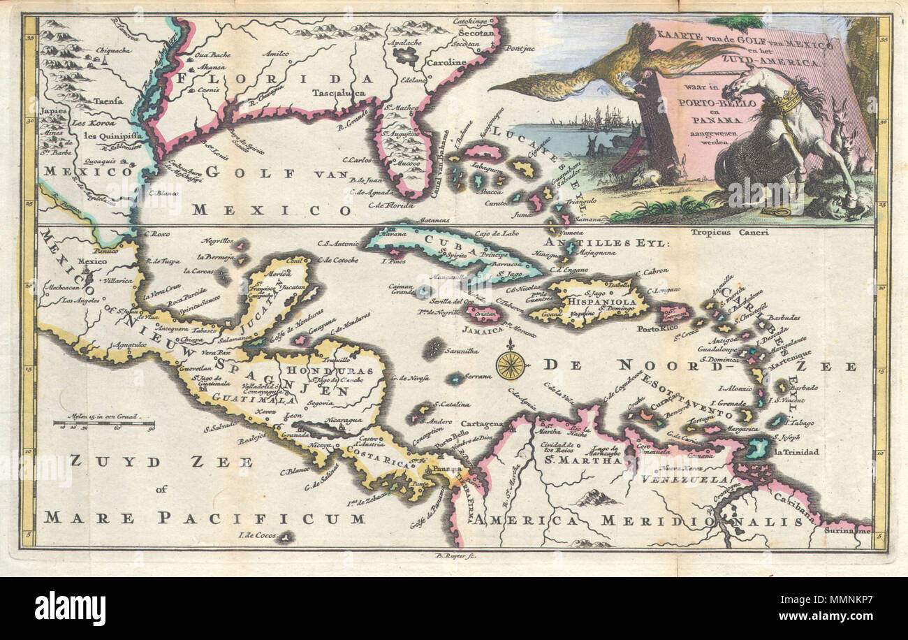.  English: Engraved by Balthasar Ruyter, this is an extremely rare and highly unusual 1747 map of Mexico, the Caribbean, the West Indies and Florida. Covers from roughly Michoacán Mexico, west to Surinam, north as far as modern day Virginia and south as far as modern day Ecuador. The cartography exhibited here almost certainly references the important 1698 map of North America attributed to Friar Hennepin. The mouth and course of the Mississippi River are displaced far to the west of their actual location and are shown roughly where Galveston Harbor and Sabine Lake are now. Roughly where the  Stock Photo