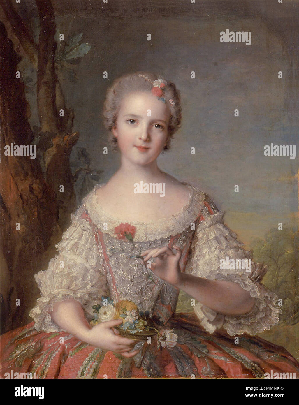 English: Louise-Marie of France (1737–1787), known as Madame Louise,  daughter of Louis XV, in a court dress and holding a basket of flowers  Français : Louise-Marie de France (1737–1787), dite Madame