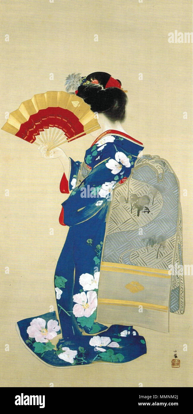 .  English: Sudden Shower (Are y+?dachi ni). Ink, colour, gold pigment and mica on silk, 165.7 x 84.3 cm, Takashimaya Historical Museum, Osaka  . 1909. 'Sudden Shower' (Are yudachi ni) by Takeuchi Seiho, 1909 Stock Photo