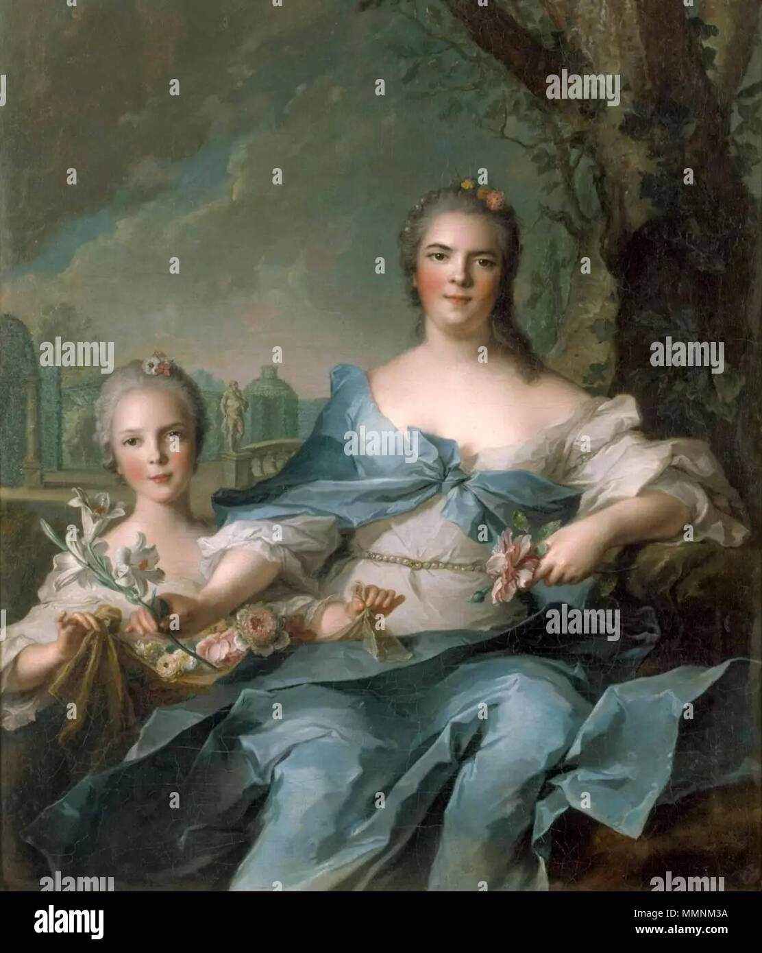 . Nattier succeeded as a fashionable portrait painter by naturally posing his sitters within a formal baroque composition. These skills helped the artist to obtain several commissions for portraits of Louis XV and his family. Nattier painted this portrait of the eldest daughter of Louis XV and her daughter while the duchess visited her father at Fontainebleau so he could meet young Isabelle. The duchess, née Louise Elizabeth, married the Infante Felipe, a Spanish Bourbon. Known until then as Madame Infante, in 1748 she persuaded her father to make her husband the duke of Parma.  The Duchess of Stock Photo