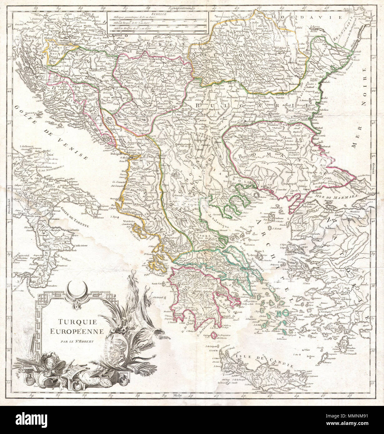.  English: A beautiful map of Greece from De Vaugondy’s 1752 Atlas Universal. Depicts the whole of Greece from Bosnia and Croatia east to through Bulgaria and Romania to the Black Sea and south through Macedonia, Albania and the Pelopenesus to the Isle of Candia or Crete. Includes Parts of Anatolia (Turkey) and the boot of Italy. Bottom left decorated with an elaborate title cartouche. The Atlas Universal was one of the first atlases based upon actual surveys. Therefore, this map is highly accurate (for the period) and has most contemporary town names correct, though historic names are, in ma Stock Photo