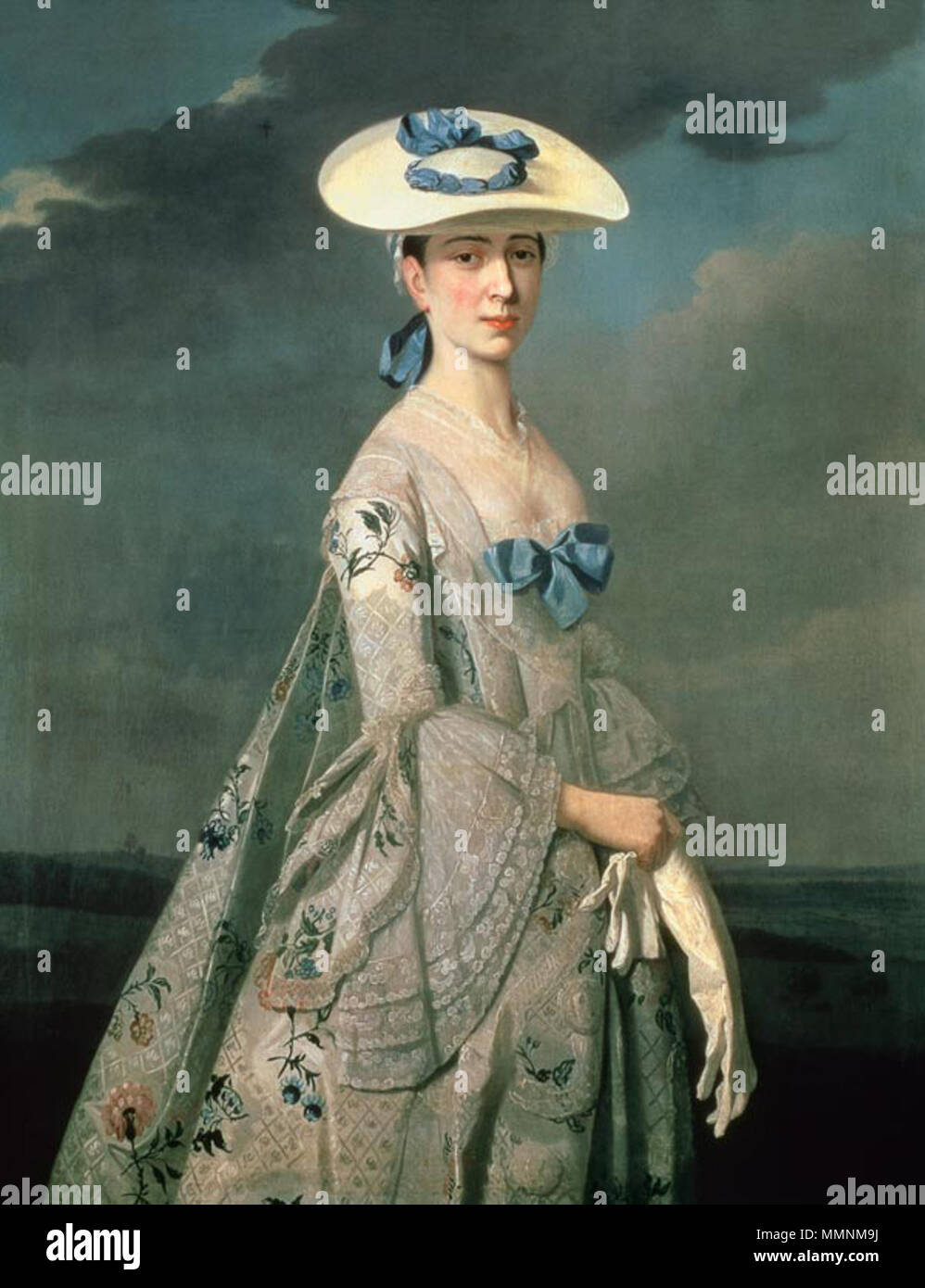 .  English: Eleanor wear a bergere hat and a brocaded silk dress with a sack back  English: Portrait of Eleanor Frances Dixie, daughter of Wolstan Dixie, 4th Baronet . circa 1750-1755. Eleanor Frances Dixie by Henry Pickering Stock Photo