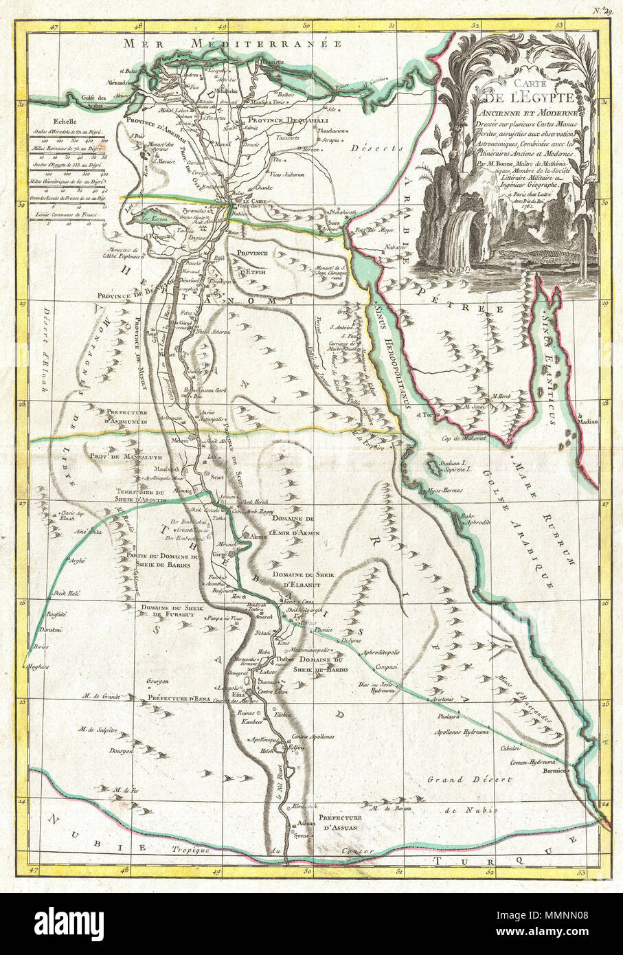 English: A beautiful example of Rigobert Bonne's 1762 decorative map Egypt.  Covers from the Nile Delta south as far as Aswan and the border with Nubia  and includes the Sinai and