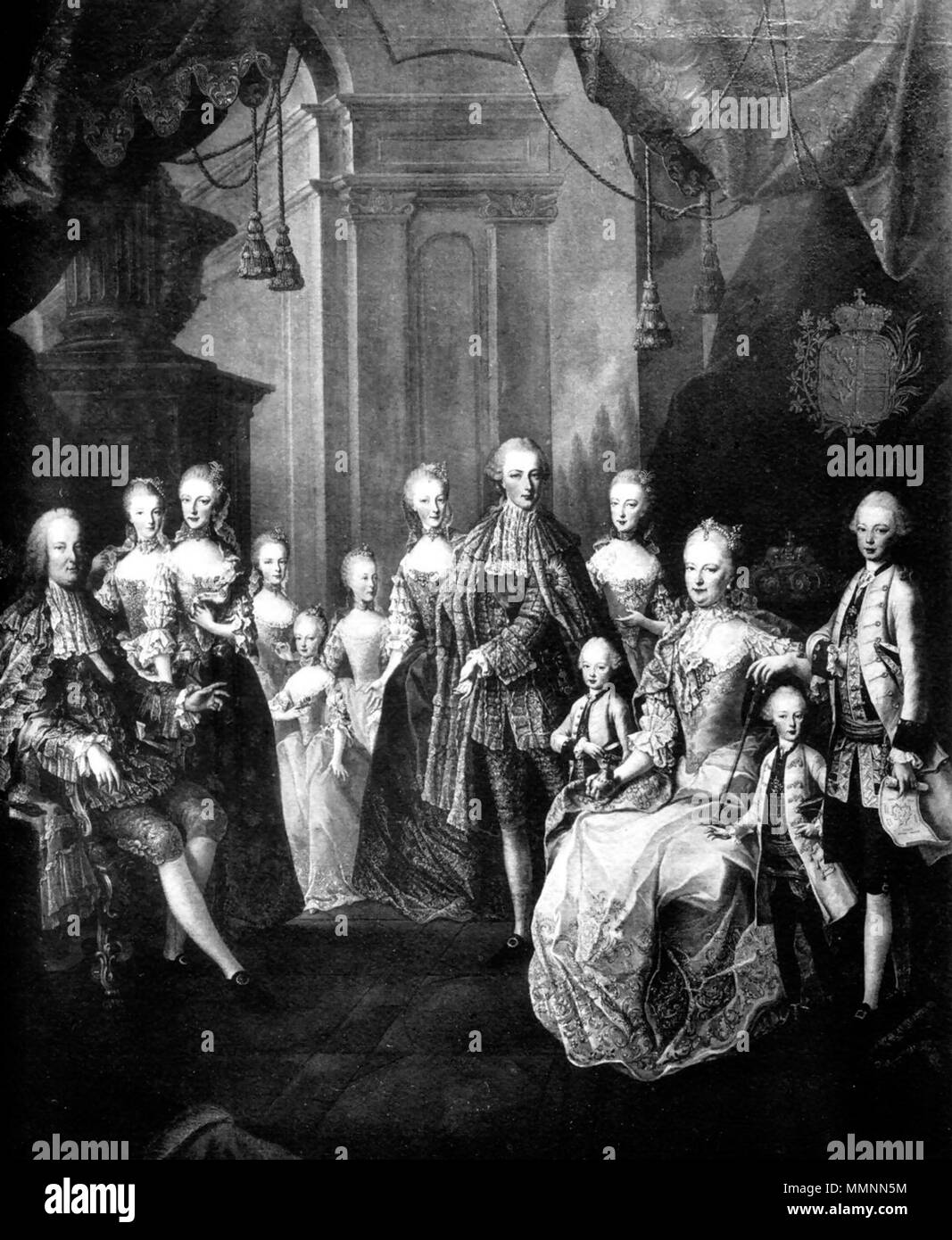 Deutsch: Franz I. Stephan und Maria Theresia mit elf Kindern . 1764/1765. Habsburg family Stock Photo