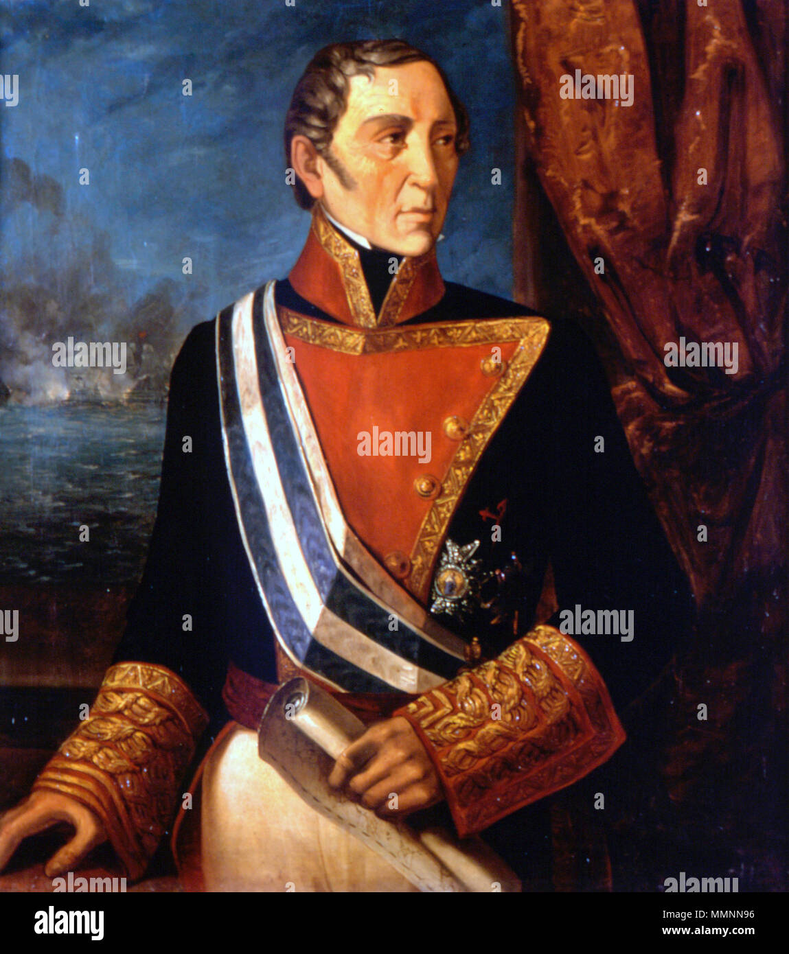 .  Español: Retrato del marino español Francisco Javier de Uriarte y Borja (1753-1842), que combatió en la batalla de Trafalgar y llegó a ser capitán general de la Real Armada Española. El retratado aparece de pie y de medio cuerpo y vistiendo el uniforme pequeño de capitán general de la Real Armada, con las solapas abiertas a la moda de la época de la reina Isabel II de España. Además, lleva una carta en la mano y luce en el pecho la cruz de caballero de la Orden de Santiago y las bandas y placas de las ordenes de Carlos III y de San Hermenegildo.  Francisco Javier de Uriarte y Borja. 1853. F Stock Photo