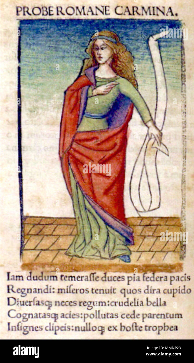.  English: An image of Faltonia Betitia Proba holding a scroll. Underneath is the beginning of her Cento.  . 1481. CentoProbae Stock Photo