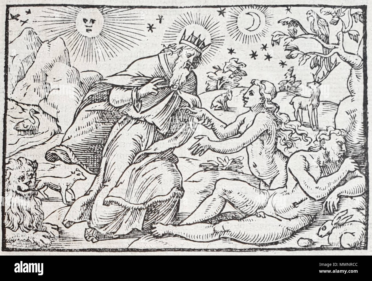 . English: Creation of Eve, woodcut  . 16th century. File:15-543 texte et gravure (39890060610).jpg; Croped by Majo statt Senf (talk · contribs) Erschaffung Evas (Holzschnitt) Stock Photo