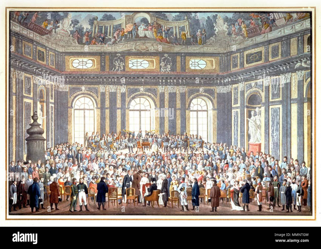 . English: Color print, from 1909, of a watercolor on the lid of a stationery box made by Balthazar Wigand and presented to the composer Joseph Haydn. It commemorates Haydn's attendance, in extreme old age, of a performance of his oratorio The Creation. (The composer can be seen seated in the lower center of the image, wearing wig and hat.) The original of this picture was lost in 1945.  . 1808. Balthasar Wigand 6 1808PerformanceOfHaydnCreation Stock Photo