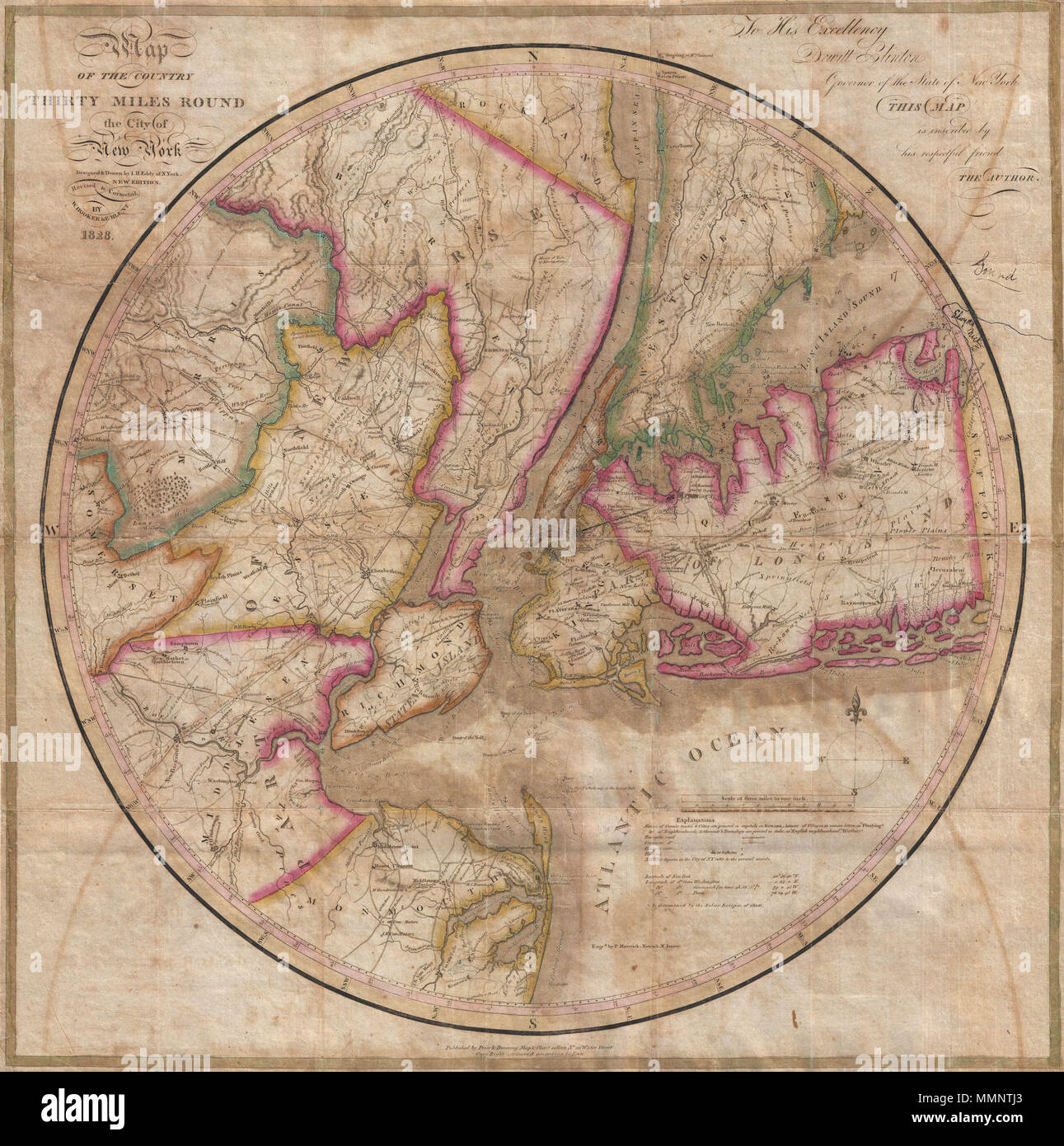 .  English: Known as The Eddy Map, this is an extremely rare and important circular map of New York City and vicinity, dated 1823. Covers the New York City area in roughly a thirty mile radius of Manhattan, extending north to Tarrytown, south to Monmouth, west to Somerset, and east to Suffolk County. Isaac Stokes, in his 1928 classic on the iconography of Manhattan, calls this map one of the most complete, accurate, and beautiful early engraved maps showing New York and its environs. It is also recorded that Thomas Jefferson kept a copy of this map in his personal library. Eddy's map offers im Stock Photo