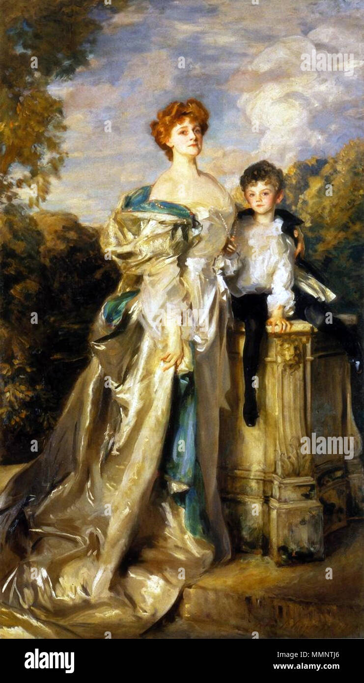 .  English: A 1905 oil painting by John Singer Sargent of Frances Evelyn Maynard, 'Daisy Greville', Countess of Warwick, (1861-1938) and her son Maynard Greville (1898-1960) fathered by Joseph Laycock, she wife to Francis Greville, Lord Brooke. Daisy Greville, sole beneficiary of the Maynard fortune, and of Easton Lodge, Little Easton, Essex, was an English courtesan and socialite, later turned champagne socialist.  Lady Warwick and her Son. 1905. 'Daisy' Greville, Countess of Warwick, and son Maynard, by John Singer Sargent (1905) Stock Photo