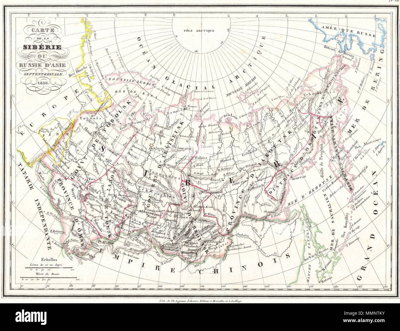 .  English: This unusual 1836 map by V. A. Malte-brun depicts Russia in Asia or Siberia. Depicts from the Ural mountains east as far as the Bering Strait and Alaska and as far south as the Chinese Empire. All text in French.  Carte de la Siberie ou Russie d’Asie Septentrionale. 1836... 1836. 7 1836 Malte-brun Map of Russia in Asia and Siberia - Geographicus - Siberie-mb-1836 Stock Photo