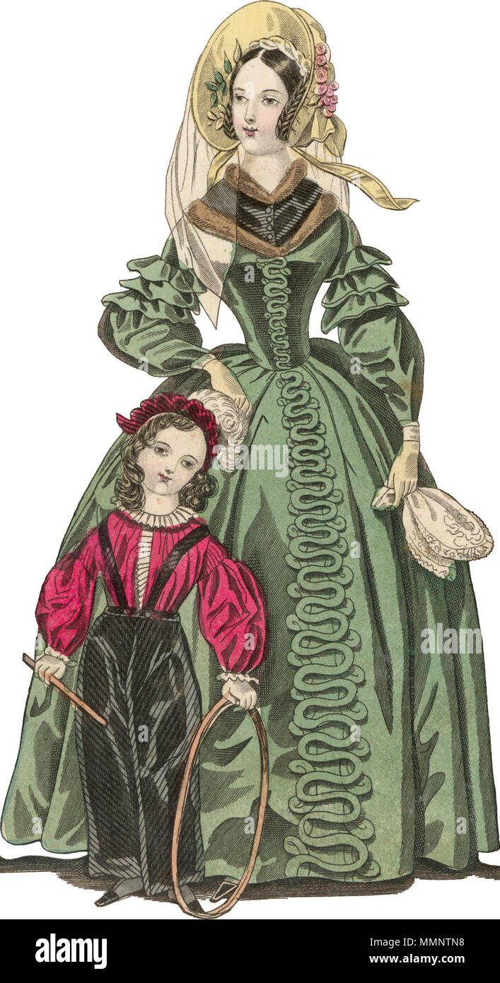 .  FIG. 2--Crimson merinos vest ; and pantaloons of black satin striped coutil. Velvet cap, trimmed with an ostrich feather. FIG. 3--Green satin robe ; a high corsage, trimmed with velvet, and a row of interlaced satin rouleaus. Sleeve of the bell form at top, with a trimming of folds. The front of the skirt is decorated en serpente with satin rouleaus. Black velvet pelerine of a small size, and of the heart form ; it is bordered with sable. Hat of oiseau velours épinylé ; an aureole brim, decorated with twisted ribbon and satin foliage ; ribbon and a gerbe of roses adorns the crown.  YOUNG GE Stock Photo