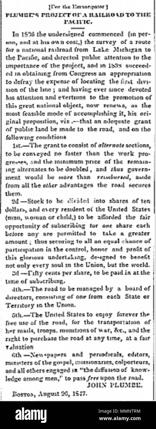 . Item by John Plumbe about railroad. In The Emancipator (Boston), Sept. 1, 1847 7 1847 Plumb RR Sept1 Emancipator Boston Stock Photo