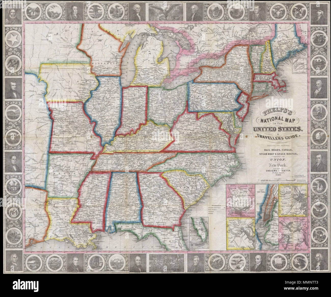 .  English: This is a rare 1848 issue of the first state of Phelps’s map of the United States. Covers most of the eastern portion of the United States bounded on the west by Texas and two large unnamed territories to the north. Insets in the lower right quadrant illustrate seven important port cities: New York, Philadelphia, Baltimore, Boston, Birmingham, Cincinnati, St. Louis and Chicago. Two smaller map insets depict southern Florida and Northern Maine, the extremes of both of which are just off the map. The whole is surrounded by a fine decorative border depicting 30 alternating state seals Stock Photo