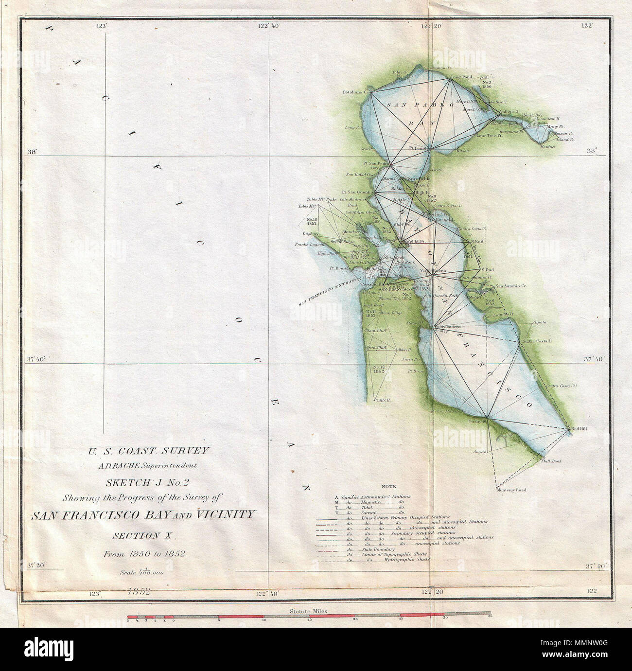 .  English: An attractive hand colored 1853 U.S. Coast Survey triangulation chart or map of San Francisco Bay, California. Shows the progress of the survey work in this area by date annotated sections. Shows points such as California City, San Quentin, San Francisco, Presidio Hill and Lime Point Bluff, among others. Details the grid layout of San Francisco city. The hand color work on this beautiful map is exceptionally well done. This map was compiled under the direction of A. D. Bache, Superintendent of the Survey of the Coast of the United States and one of the most influential American car Stock Photo