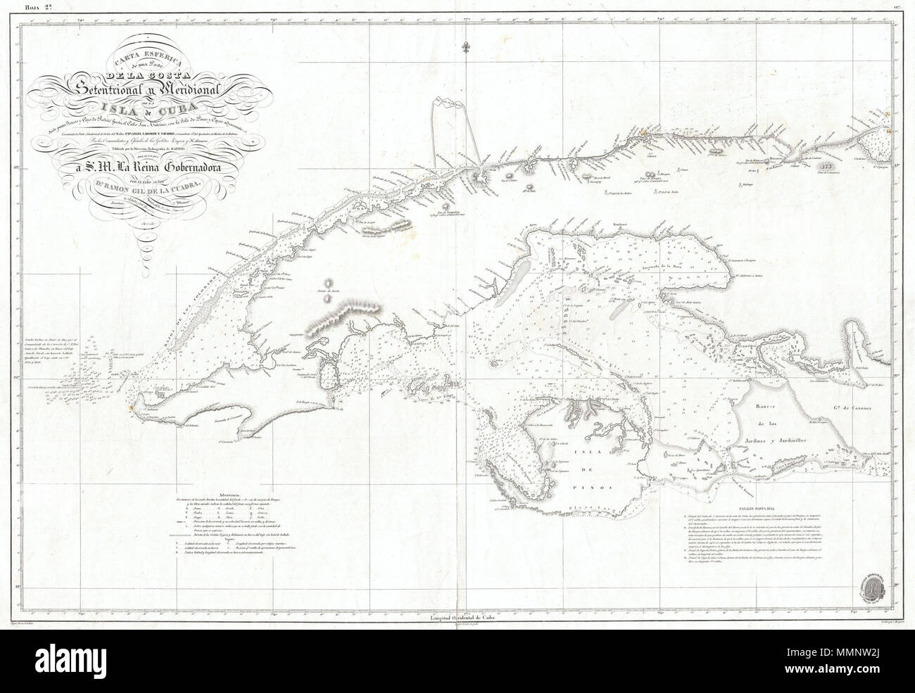.  English: This is a dramatic and exceptionally rare 1854 nautical chart or map of the western part of Cuba by the Spanish mapping agency, Direccion Hidrografica . Covers the West India island from Cape San Antonio eastward as far as the Gulf of Cazones. Includes the Isla de Pinos and the city of Havana. Chart offers countless depth soundings as well as notes on the construction of the chart and navigation. Offers some inland detail, identifying a number of important mountains as well as the villages of Guanajayu, San Antonio de los Banos, San Antonio de Bedia, Manajau, Madruga, and countless Stock Photo