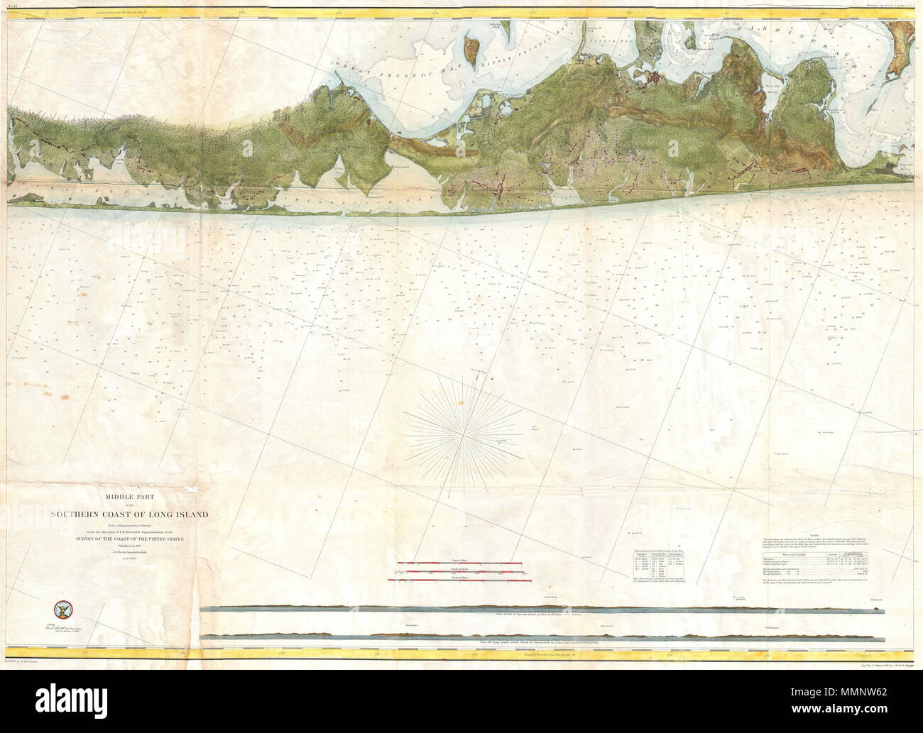 .  English: This is an extraordinary and extremely rare hand colored large format 1857 U.S. Coast Survey sea chart or map depicting southeastern Long Island, New York. Details part of Suffolk County from Moriches Bay to Napeague Harbor, including the summer getaways of Sag Harbor, East Hampton, Southampton (South Hampton), Quogue, Bridgehampton and Amagansett, among others. Extends as far north as Gardiner’s Island and Hog Neck. Inland regions are depicted in considerable detail, down to individual buildings. In addition to inland details, this chart contains a wealth of practical information  Stock Photo