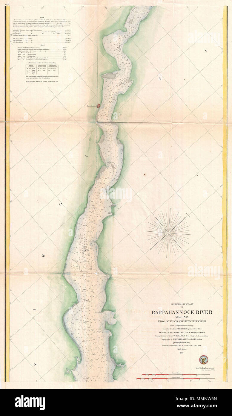 .  English: An attractive hand colored 1857 U.S. Coast Survey nautical chart or map of Virginia’s Rappahannock River. Covers the course of the Rappahannock River from Occupacia Creek to Deep Creek. Offers countless depth soundings and navigational notes, but little inland detail. However, it does identify the town of Tappahannock in the western shore. The Rappahannock River, which extends westward into Virginia from the southern part of the Chesapeake Bay, was an important trade artery and boundary since the early colonial period. Shortly after this map was produced the Rappahannock would beco Stock Photo