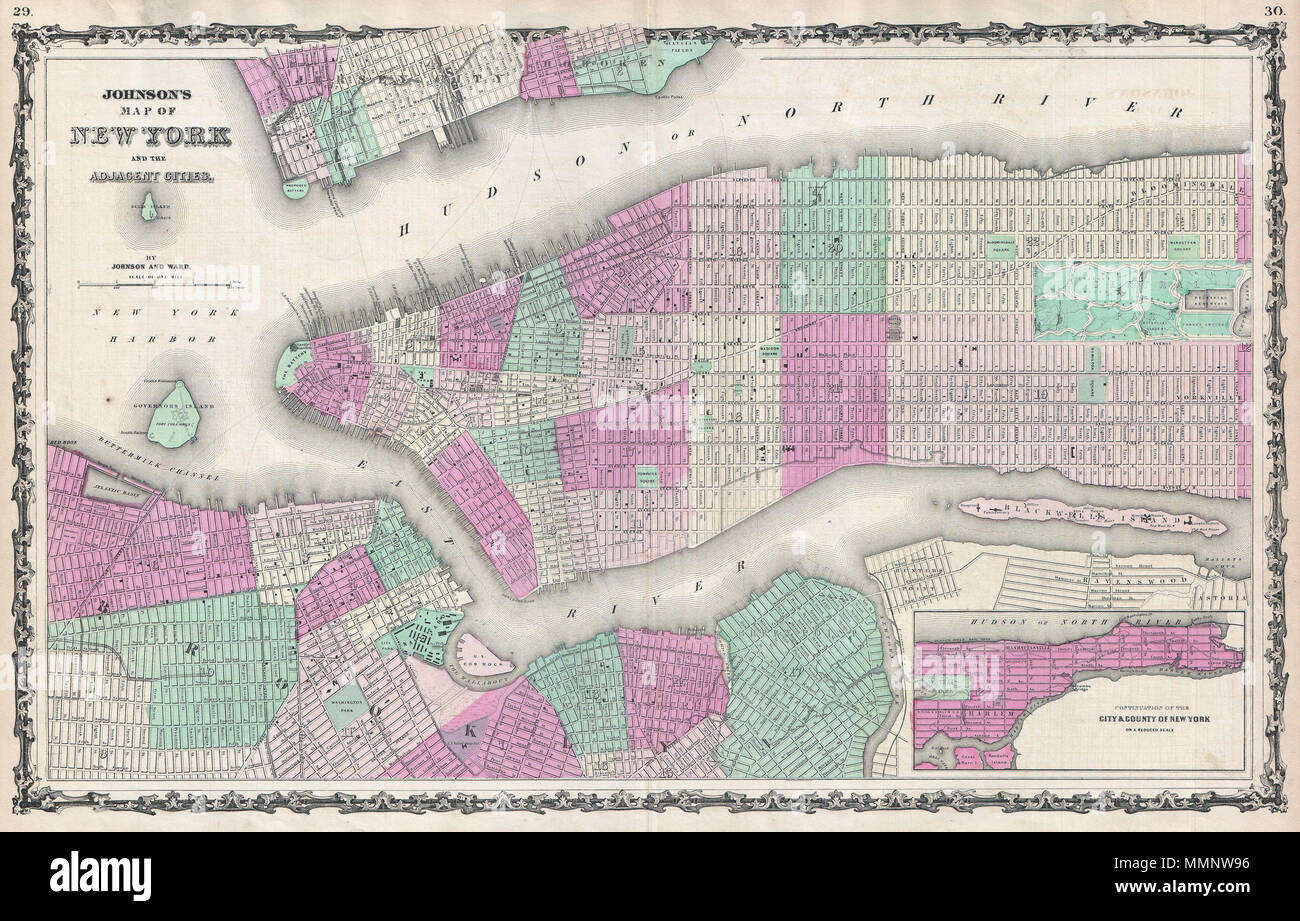 .  English: A fine hand colored map of New York City and Brooklyn dating to 1862. This map represents the first state of the Johnson and Ward map of New York City. Prior editions of the Johnson atlas (1860 & 1861), including the Johnson and Browning editions, did not contain a New York City plan. This particular map was most likely based upon the third state of the Colton New York City map. It depicts the island of Manhattan and the borough of Brooklyn as well as parts of Jersey City and Hoboken. This historically important map also shows the largely undeveloped tracks of land north of 155th S Stock Photo