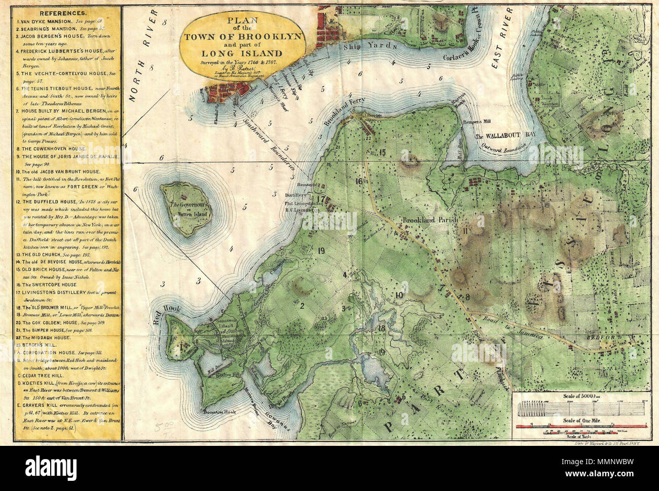 .  English: A rare and very attractive plan of Brooklyn, New York drawn in 1867 by Samuel Edward Stiles. Designed for Stiles’ important History of Brooklyn , this map is based upon surveys of Brooklyn originally taken in 1766 and 1767 by Bernard Ratzer. Includes much of modern Brooklyn including parts of Red Hook, Gowannas, Fort Greene, Williamsburg, part of Greenpoint, Brooklyn Heights, Cobble Hill Carrol Gardens, Park Slope, Prospect Height, Clinton Hill and Greenwood. Offers superb detail to the level of individual buildings, many of which are numbered and labeled in the interesting chart t Stock Photo