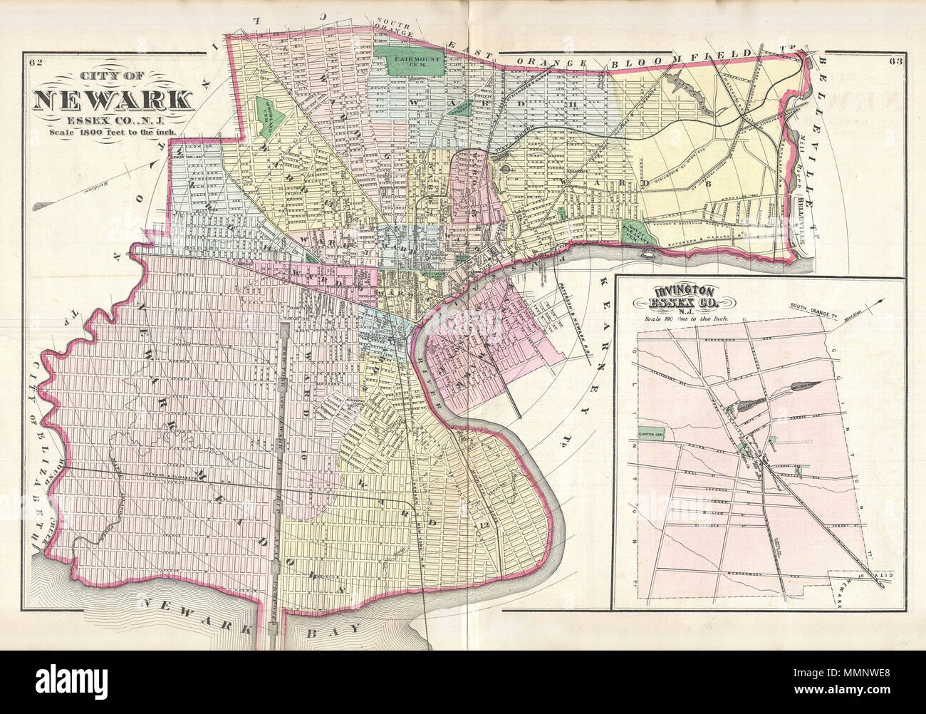 Newark Nj Wards Map English: A Fine Example Of The 1872 Map Of Newark, New Jersey By F. W.  Beers. Covers The Center Of Newark From Elizabeth To Belleville And From  Bloomfield To Newark Bay