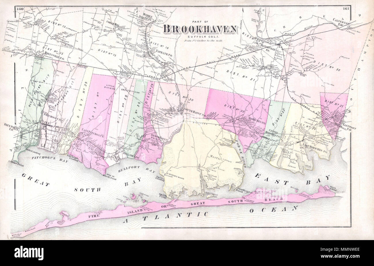 .  English: A scarce example of Fredrick W. Beers’ map of the southern part of Brookhaven, Long Island, New York. Published in 1873, this magnificent map covers Great South Bay and East Bay and along the coast from Blue Point and Patchogue Bay eastward past Bellport, Smith Point, Moriches to Eastport. Covers Fire Island from Watch Hill to Swan Island, detailing the homes of John Smith, H. F. Osborne Gunning, G. Terry and S. Havens. Extends inland as far north as Middle Island, Coram Hill, Manorville and Calverton. Notes the proposed route of the South Side Long Island Railroad. This is probabl Stock Photo
