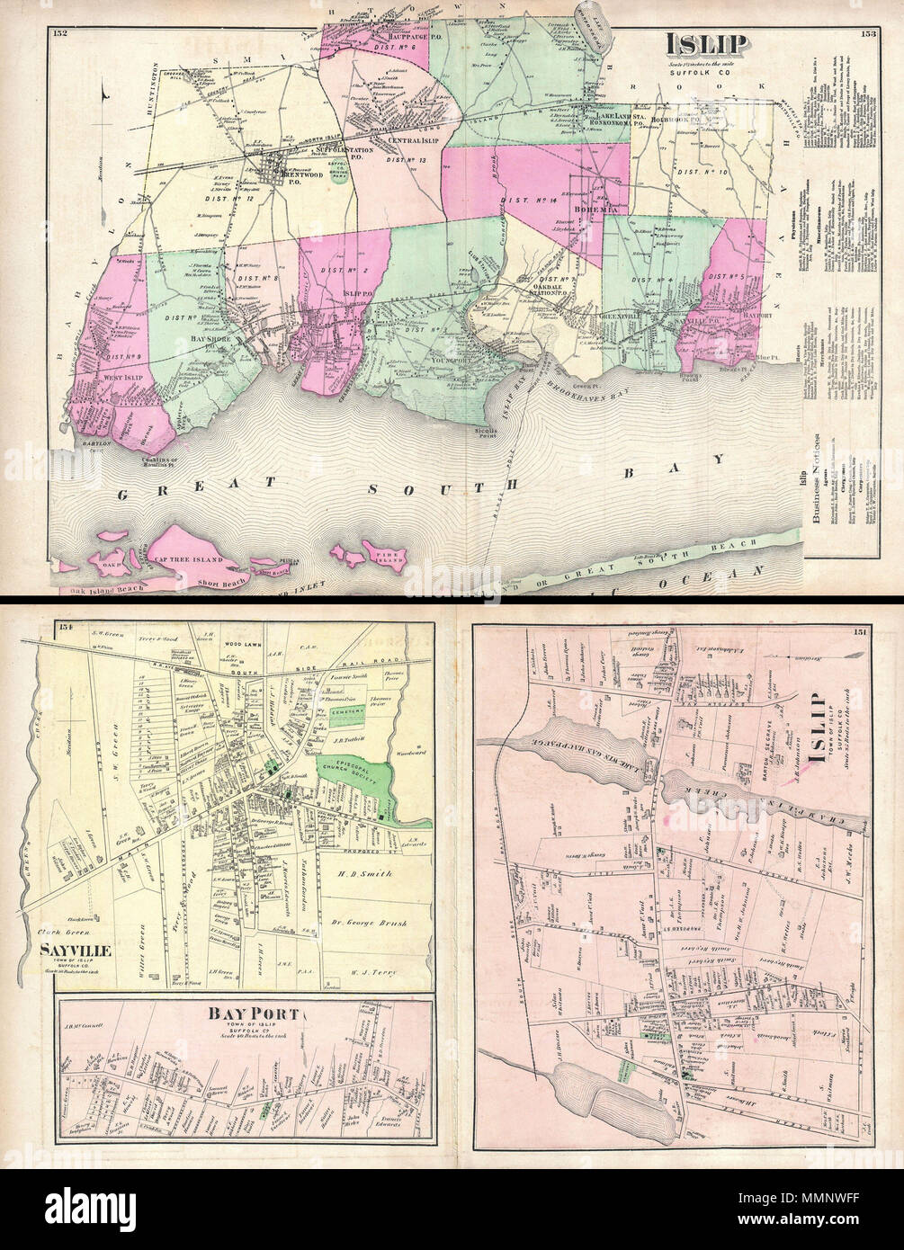 .  English: A scarce example of Fredrick W. Beers’ map of the Islip and Sayville, Long Island, New York. Published in 1873. Islip side covers from Babylon Cove and West Islip eastward past Bay Shore, Islip, young Point, Oakdale, Greenville to Sayville and Bayport. Includes parts of Oak Island and Fire Island. Notations to the right of the map proper offer business notices. On the verso, sheet is divided into three town plans. These include Islip, Sayville and Bayport. Detailed to the street and building level with notations on individual property owners. This is probably the finest atlas map o Stock Photo