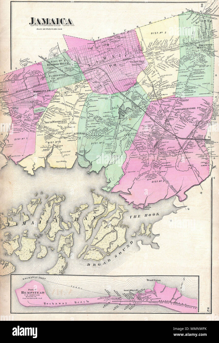 .  English: A scarce example of Fredrick W. Beers’ map of Jamaica, Queens, New York City. Published in 1873. Covers roughly from Jamaica Bay northward as far as Jamaica Center and Inglewood. Includes an inset plan of Rockaway Beach and Brant Point. Includes the parts of Queens that are now occupied by John F. Kennedy Airport. Detailed to the level of individual buildings and properties with land holders noted. This is probably the finest atlas map of northern Jamaica, Queens to appear in the 19th century. Prepared by Beers, Comstock & Cline out of their office at 36 Vesey Street, New York City Stock Photo