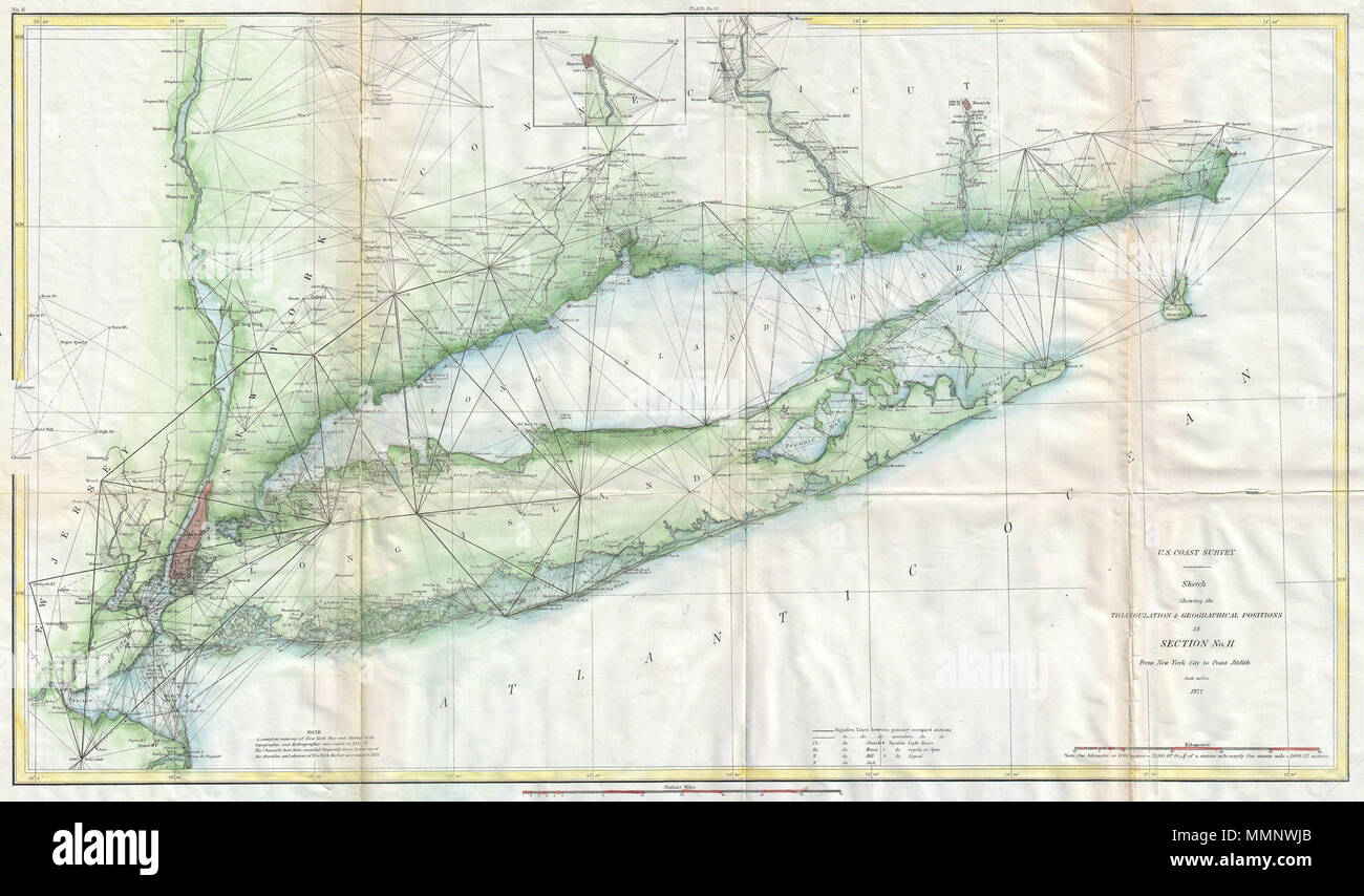 .  English: This is an attractive 1877 U.S. Coast Survey triangulation chart or nautical map of Long Island, New York. Covers from Staten Island and New York City eastward along Long Island and the coast of Connecticut to Block Island and Point Judith.  Sketch Showing the Triangulation & Geographical Positions in Section No. II From New York City to Point Judith.. 1877 (dated). 10 1877 U.S. Coast Survey Map of Long Island and New York City - Geographicus - LongIsland-uscs-1877 Stock Photo