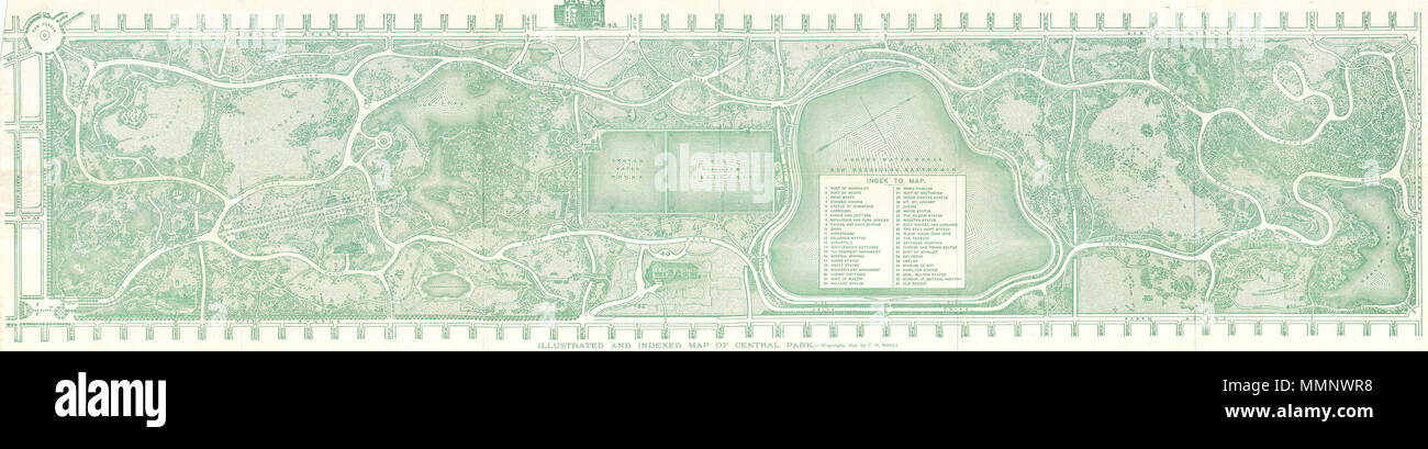 .  English: A very attractive 1893 map of New York City’s Central Park prepared and printed for inclusion in the Illustrated and Historical Souvenir of Central Park . This is an extremely rare variant on the map of Central Park that originally appeared in the 1864 Commissioner's Report . This variant lacks the decorative border and hand coloring but makes certain additions, such as profiles of the American Museum of Natural History, the Metropolitan Museum of Art, and other Central Park buildings. Also features an index in the Old Croton Reservoir. Depicts the park as a whole and includes path Stock Photo