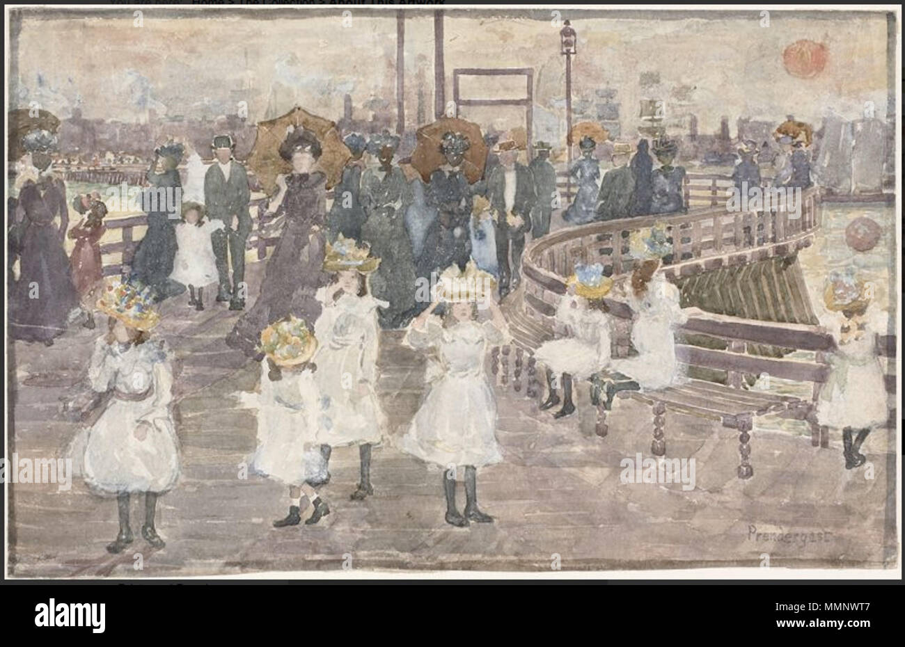 . South Boston Pier, c. 1898. By Maurice Brazil Prendergast. Watercolor over graphite, with traces of white gouache, on ivory wove paper. Art Institute of Chicago. 11 1898 SouthBostonPier byPrendergast ARTIC Stock Photo