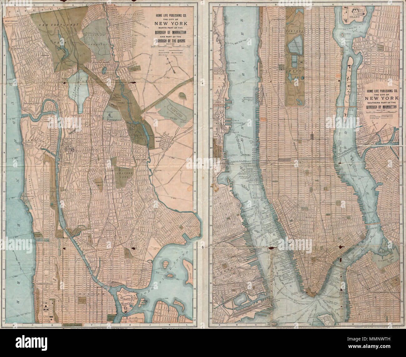 English: This is an unusual 1899 Map of Manhattan and the Bronx by the Home  Life publishing company. It is based upon a very similar c. 1860 map of New  York