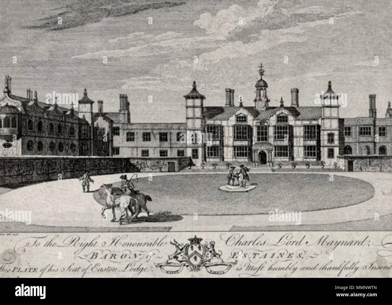. English: Pre-1775 engraving of Easton Lodge, for The Lord Maynard, at Little Easton, Essex, England. Easton Lodge was built by Henry Maynard in 1597. A later-built house, with gardens designed by Harold Peto, was occupied by champagne socialist and socialite Frances Evelyn Maynard (1861-1938), Countess of Warwick, who was born at Easton Lodge and lived there her whole life.  . 1775 or before. Unknown 11 18th-century engraving of Easton Lodge, Essex, England Stock Photo
