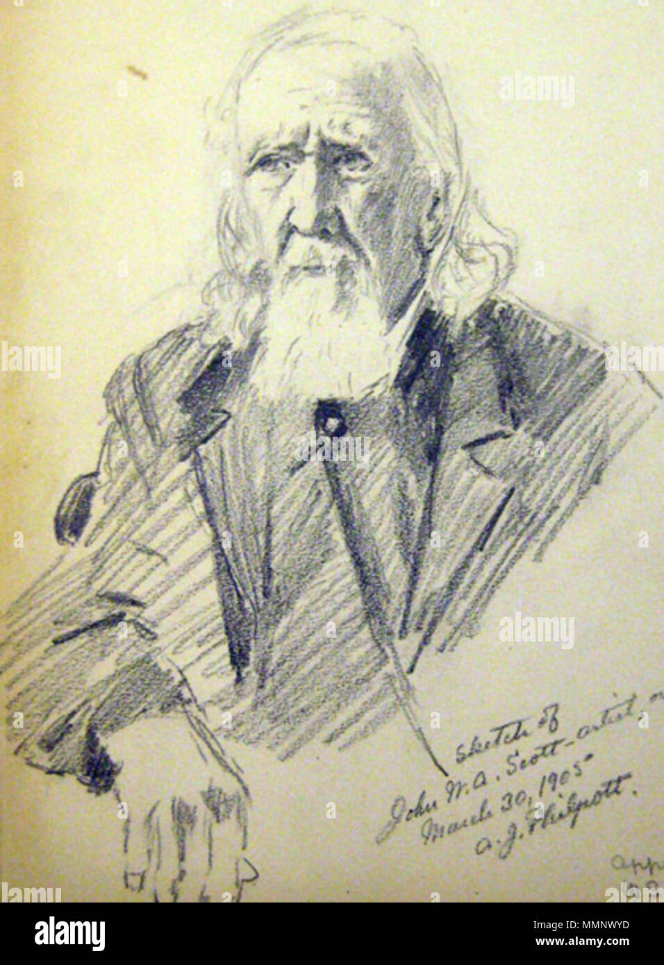 . 'Philpott, A.J. [Portrait of John W.A. Scott]; Pencil. (9 ¾ x 7 5/8 in) (25 x 19 ½ cm). March 30, 1905. ... The image is signed in the lower right “sketch of John W.A. Scott – artist, over 90. March 30, 1905 A.J. Philpott.” Notation at bottom reads: “Apprentice to W.S. Pendleton.”'--American Antiquarian Society drawings inventory 12 1905 JohnWAScott byAJPhilpott AmericanAntiquarianSociety Stock Photo